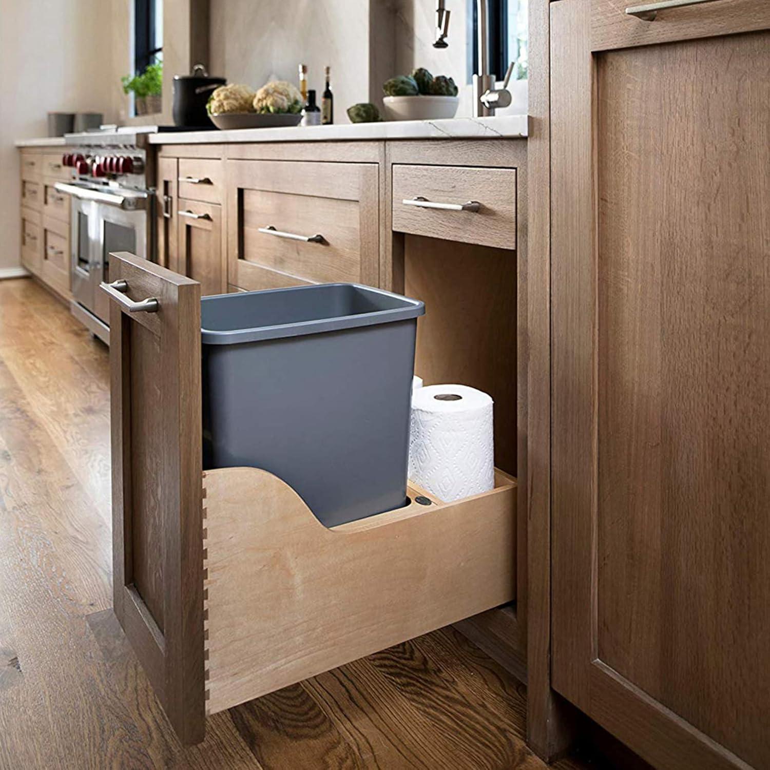 Rev-A-Shelf Pullout Trash Can for Kitchen Cabinets 35 Qt 8.75 Gal Bottom Mounted, Rear Storage, Undermount Soft-Close Slides, Silver, 4WCSC-1535DM-1