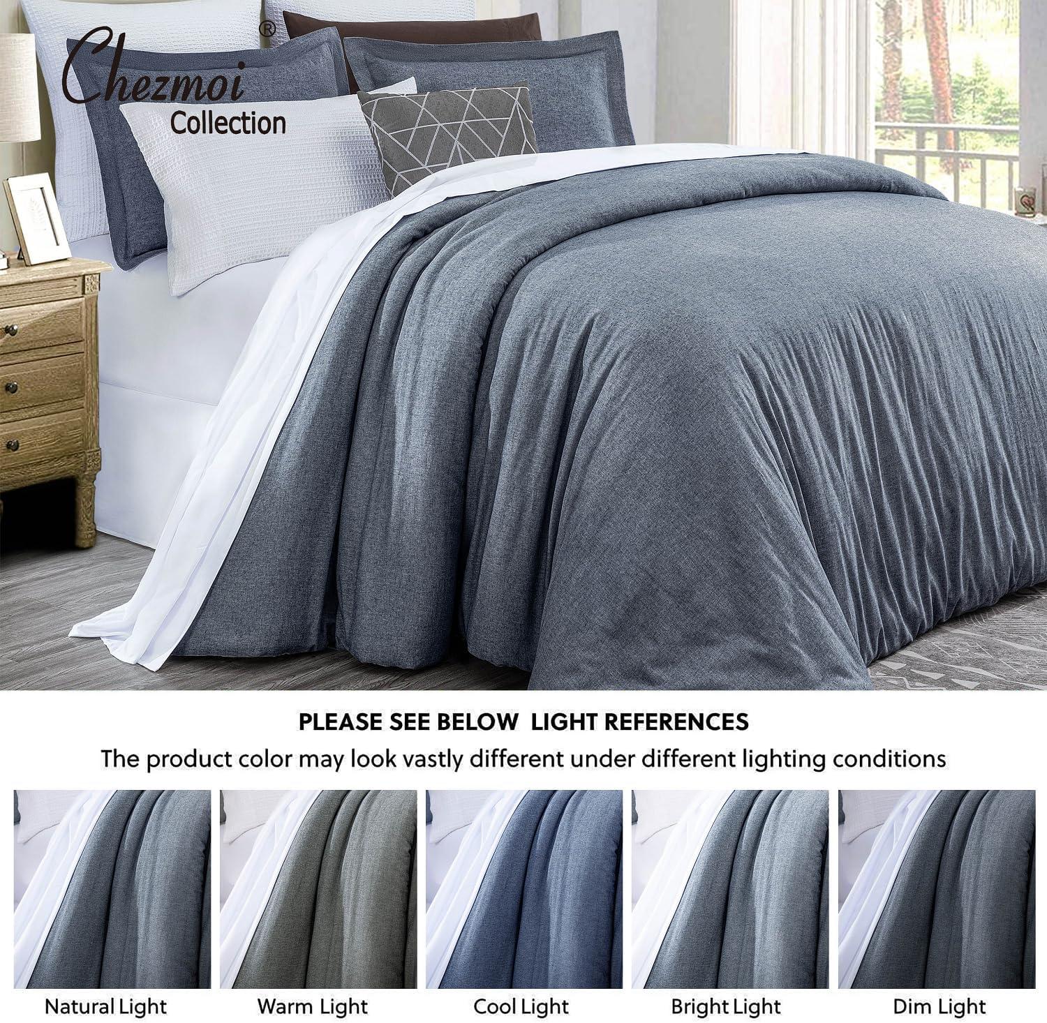 Chezmoi Collection 3-Piece Light Denim Reversible Chalk Stripe Chambray Cotton Comforter Set Queen Size