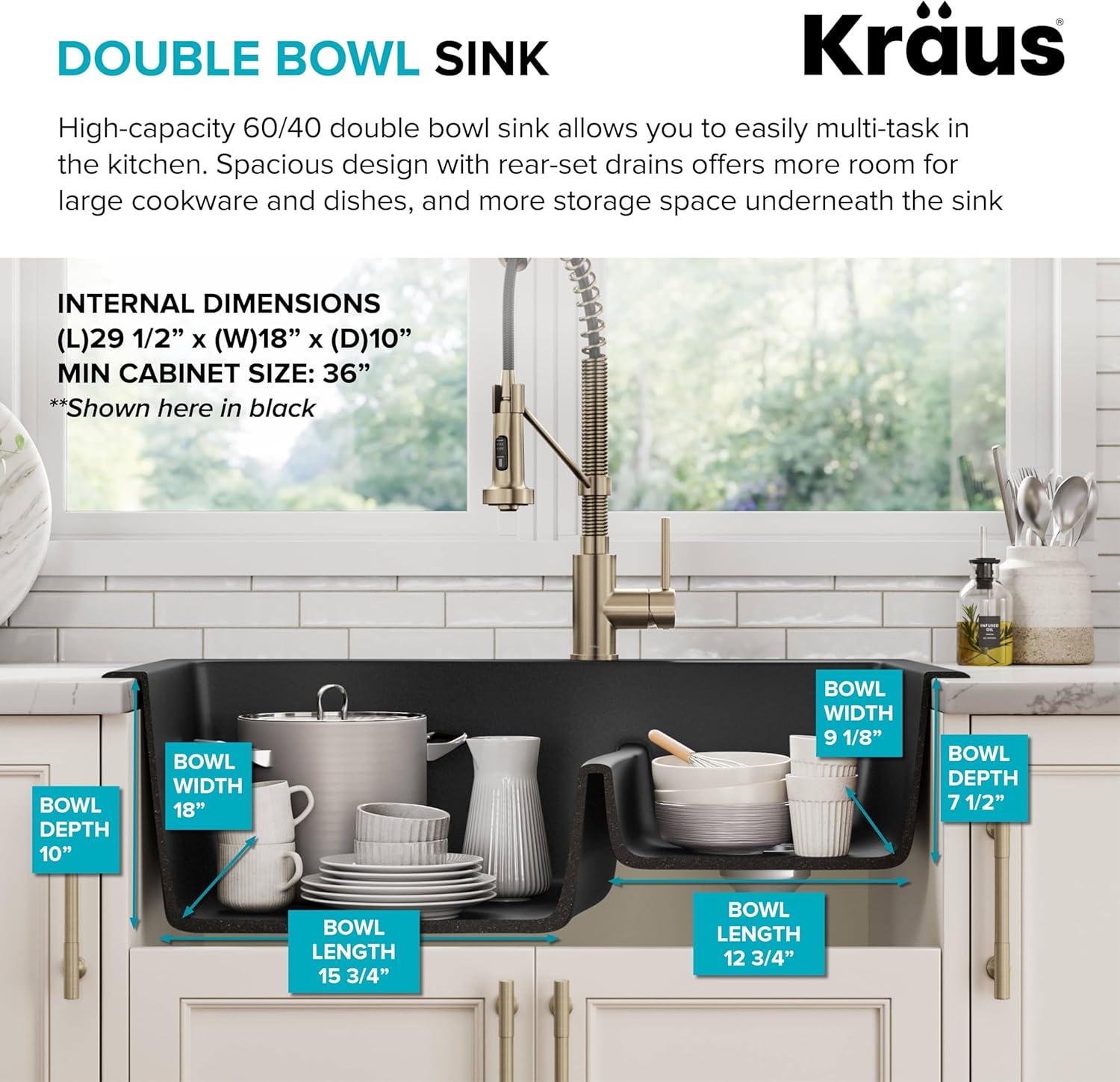 Kraus KRAUS Quarza™ 33" L Dual Mount 60/40 Double Bowl Granite Kitchen Sink KGD-442GREY