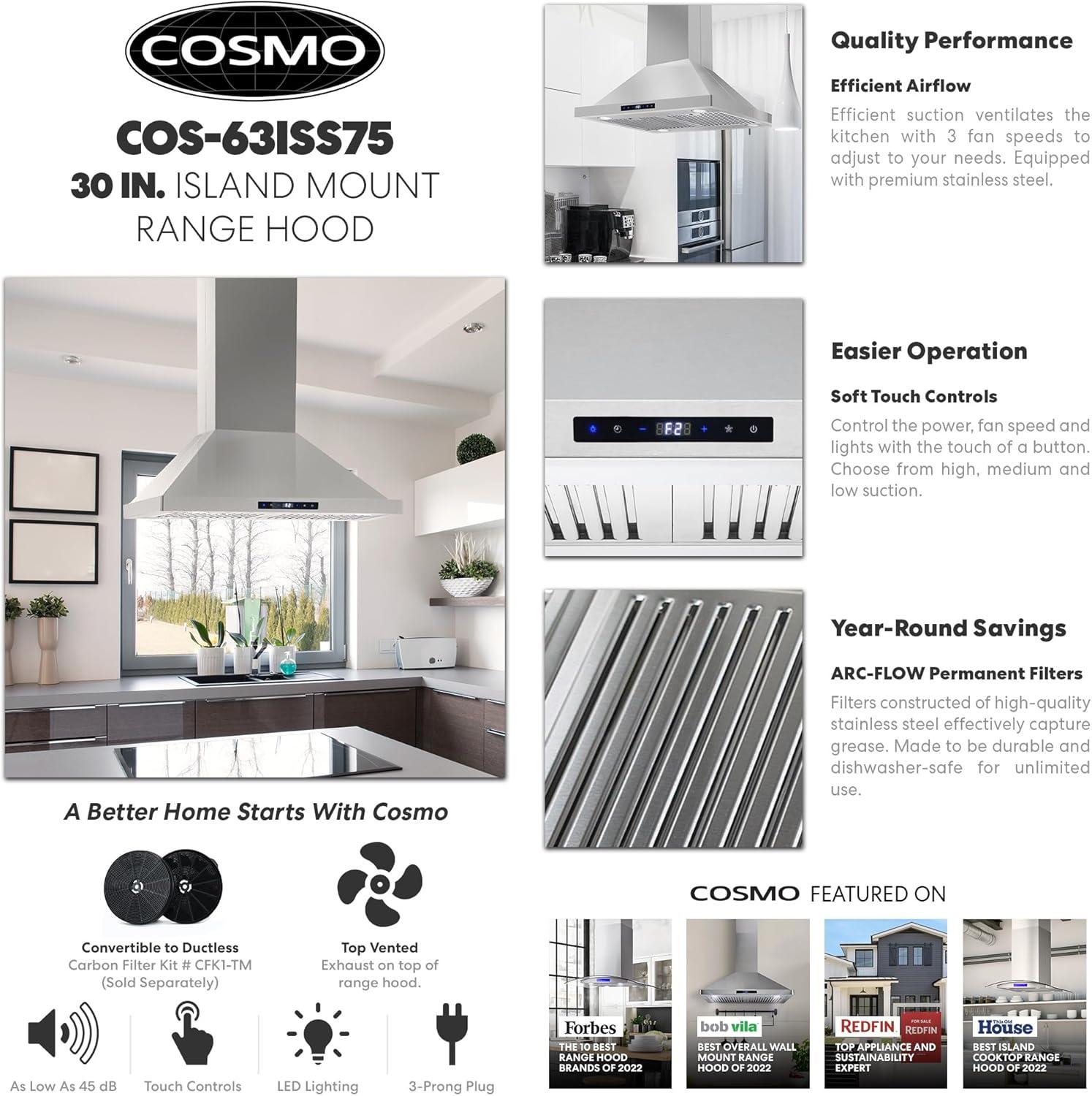 Cosmo 30" 380 CFM Ducted Island Range Hood Kitchen Hood in Stainless Steel