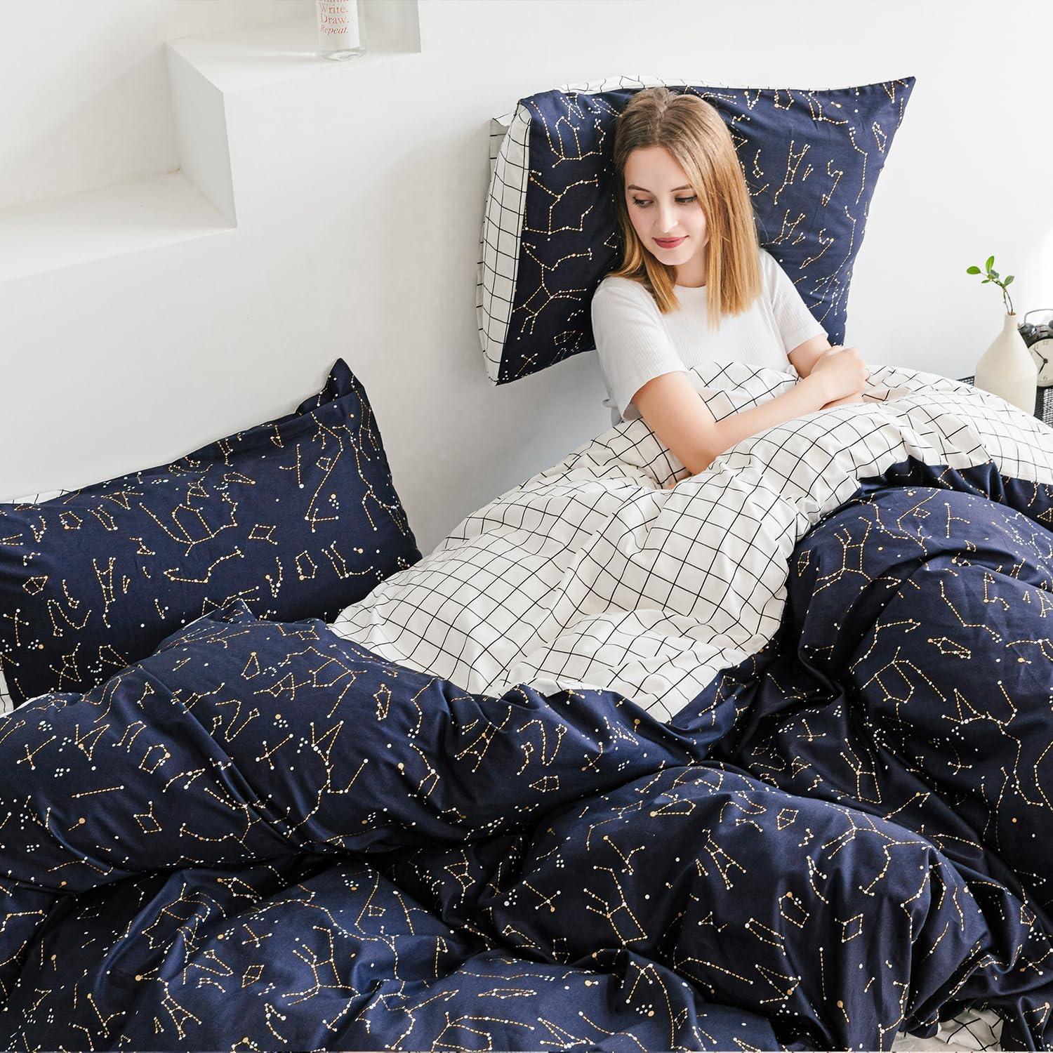ECOCOTT Duvet Cover King, 3 Pieces 100% Natural Cotton 1 Duvet Cover +2 Pillowcases Bedding Set,Navy and Cosmic Constellation Reversible Printed Pattern Breathable and Durable Duvet Cover King Size