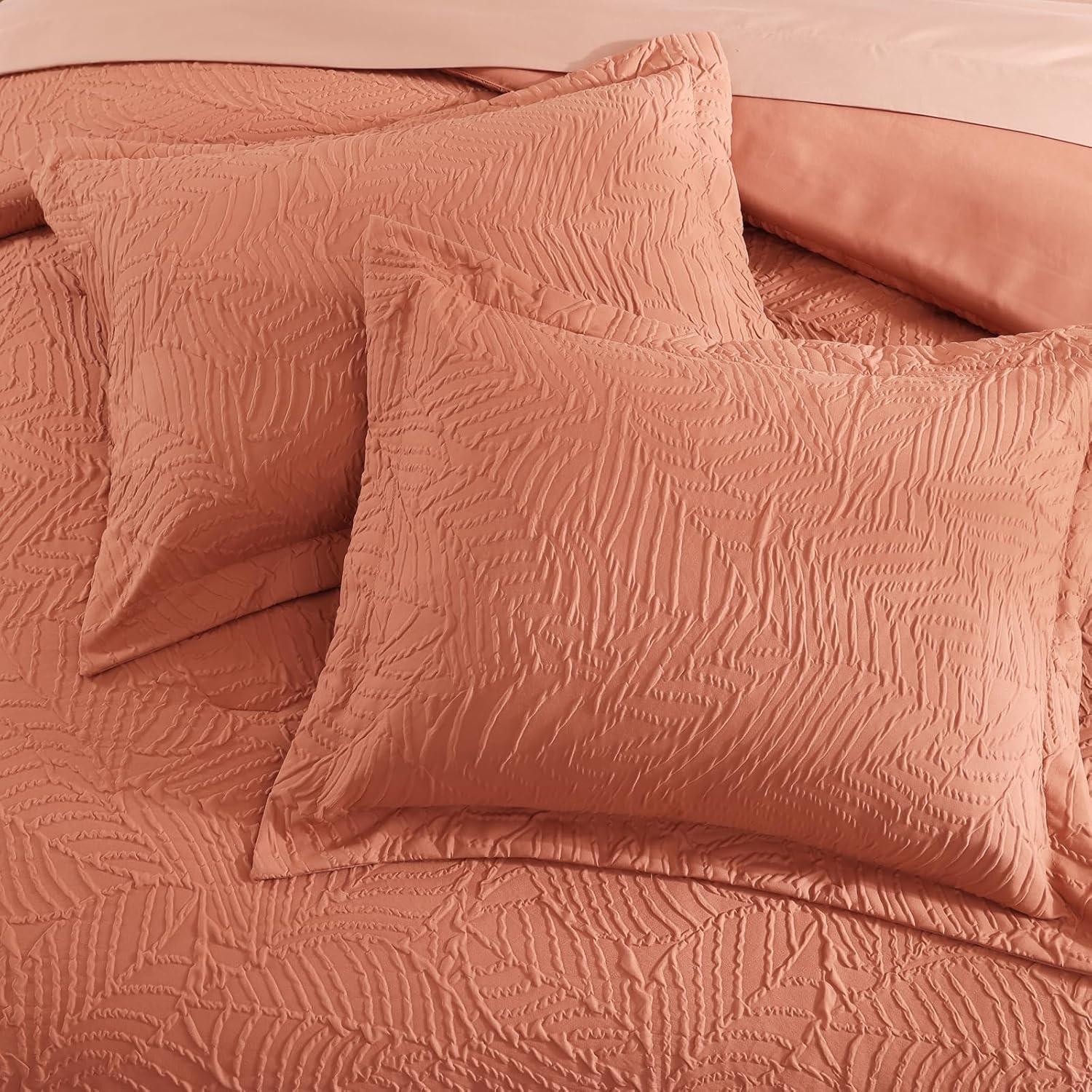 Geniospin Twin Comforter Set - 5 Pieces Burnt Orange Bedding Set, Botanical Textured Fall Comforter Set, All Season Lightweight Bed in a Bag with Comforter, Sheets, Pillowcases & Shams