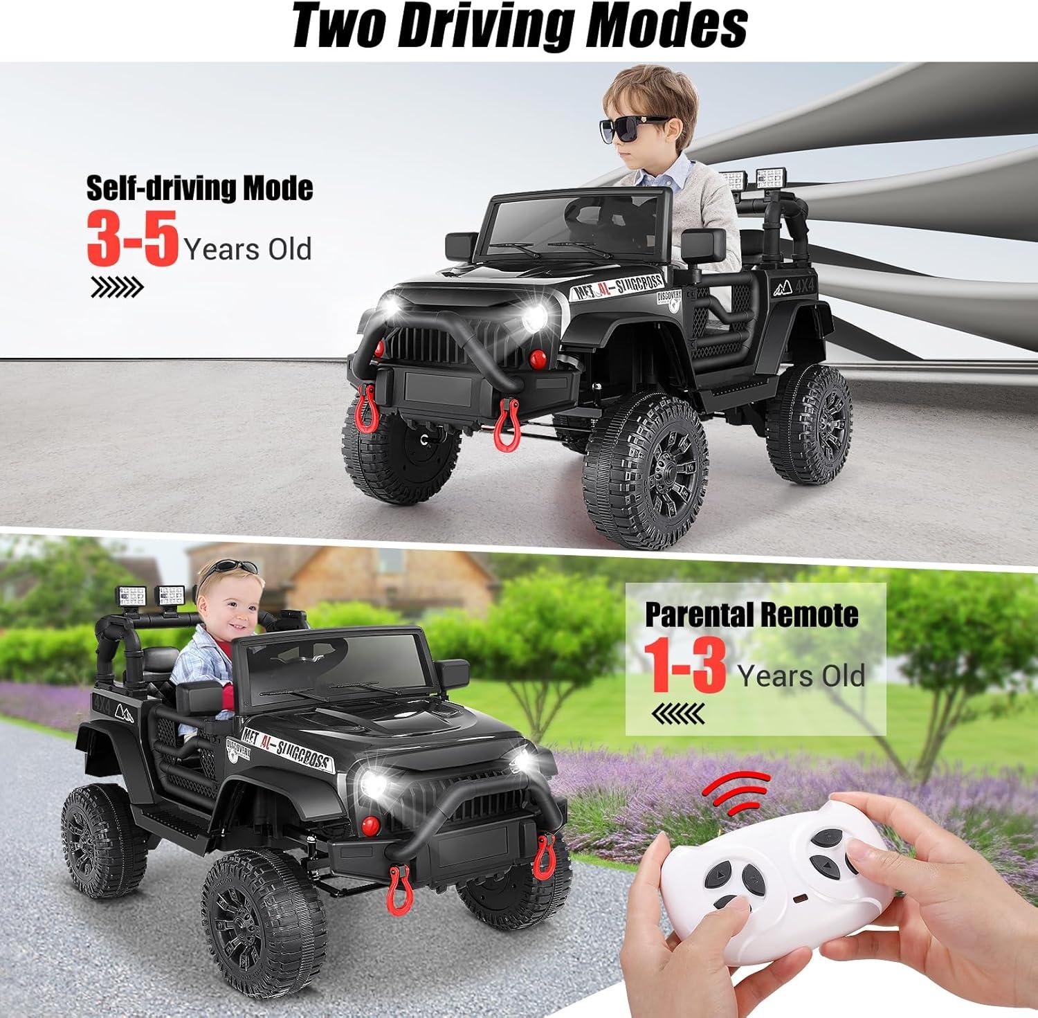 24V Electric Ride on Jeeps for Kids, Ride On Car Truck with Remote Control, Battery Power Car Wheels for Kids w/LED Lights, Bluetooth, Music, 3 Speeds, 24 Volt Ride on Toys for Boys and Girls