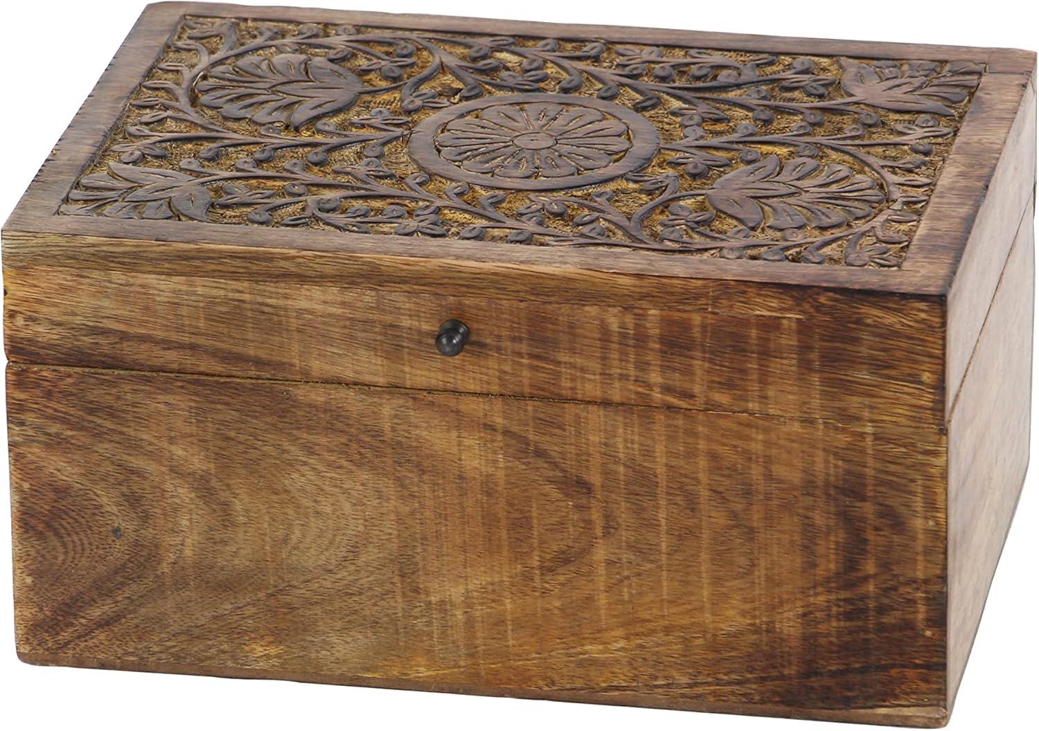 Rustic Mango Wood Floral Carved Lidded Box Set