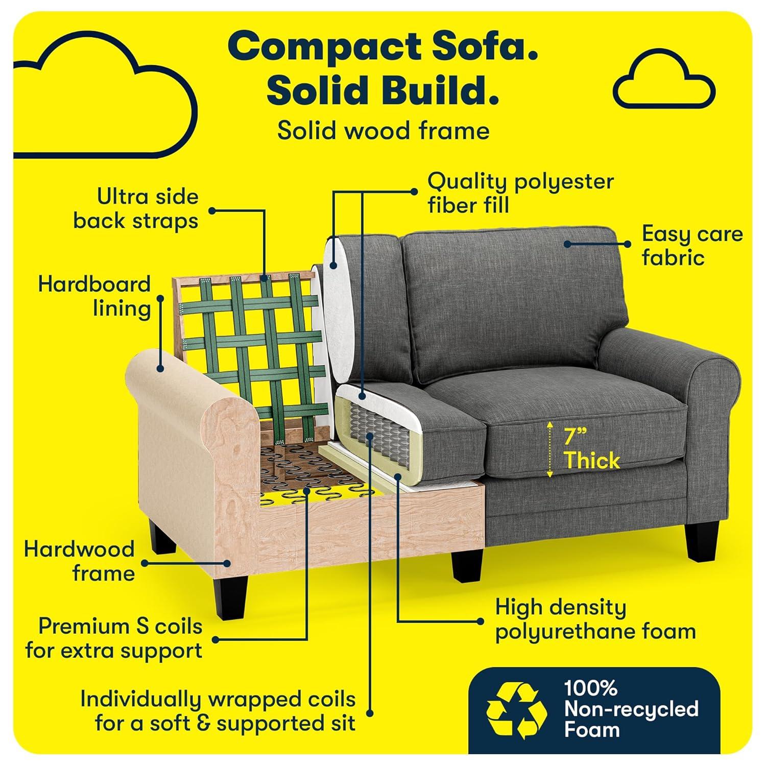 Serta Copenhagen 61" Rolled Arm Sofa, Easy Care Fabric, Soft Pillow Back, Pocket Coil Seat Cushions