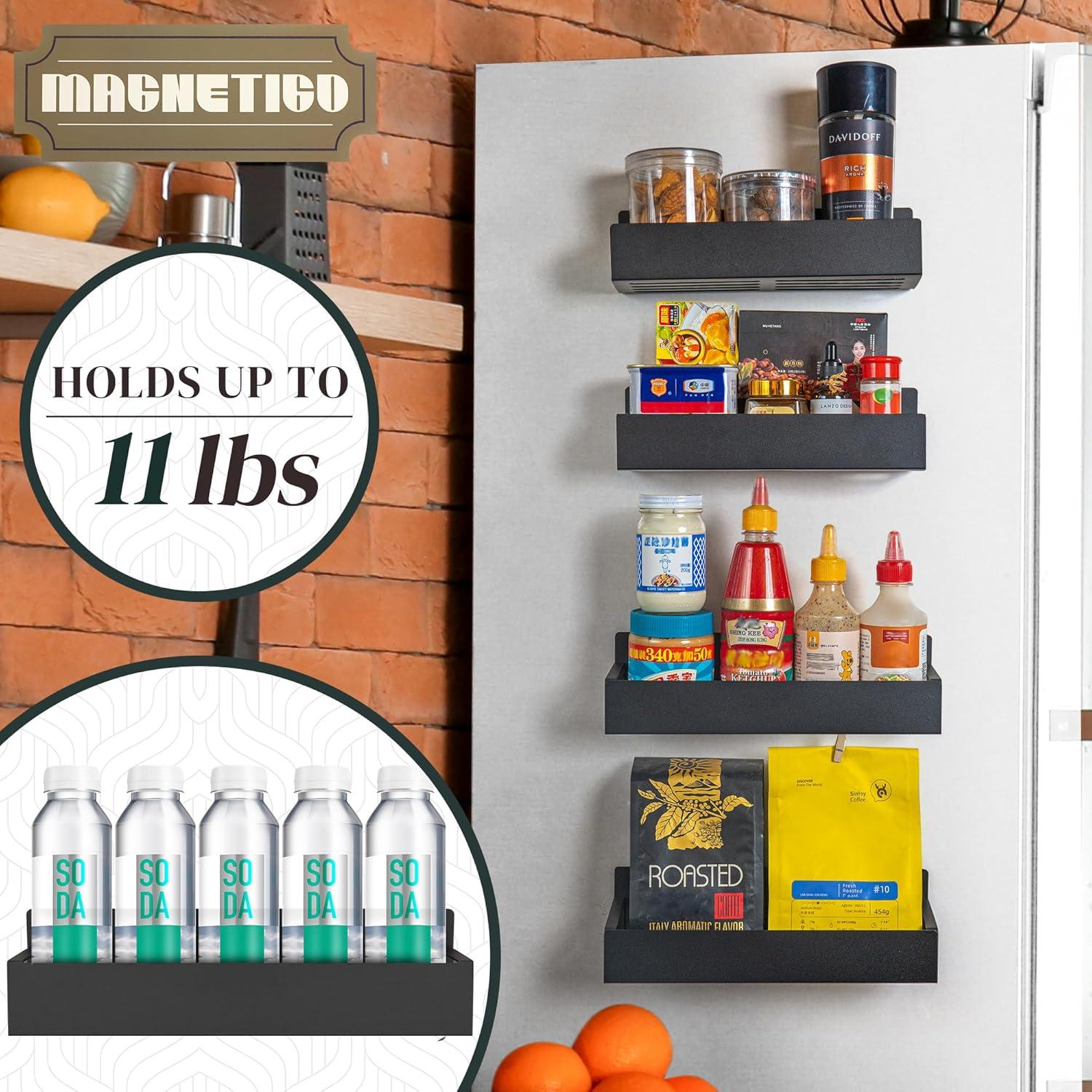 Magnetic Spice Rack for Refrigerator Magnetic Fridge Shelf for Kitchen Spice Organizer Magnetic Shelf for Fridge Space Saving Black 4 Pack with Magnetic Paper Towel Holder