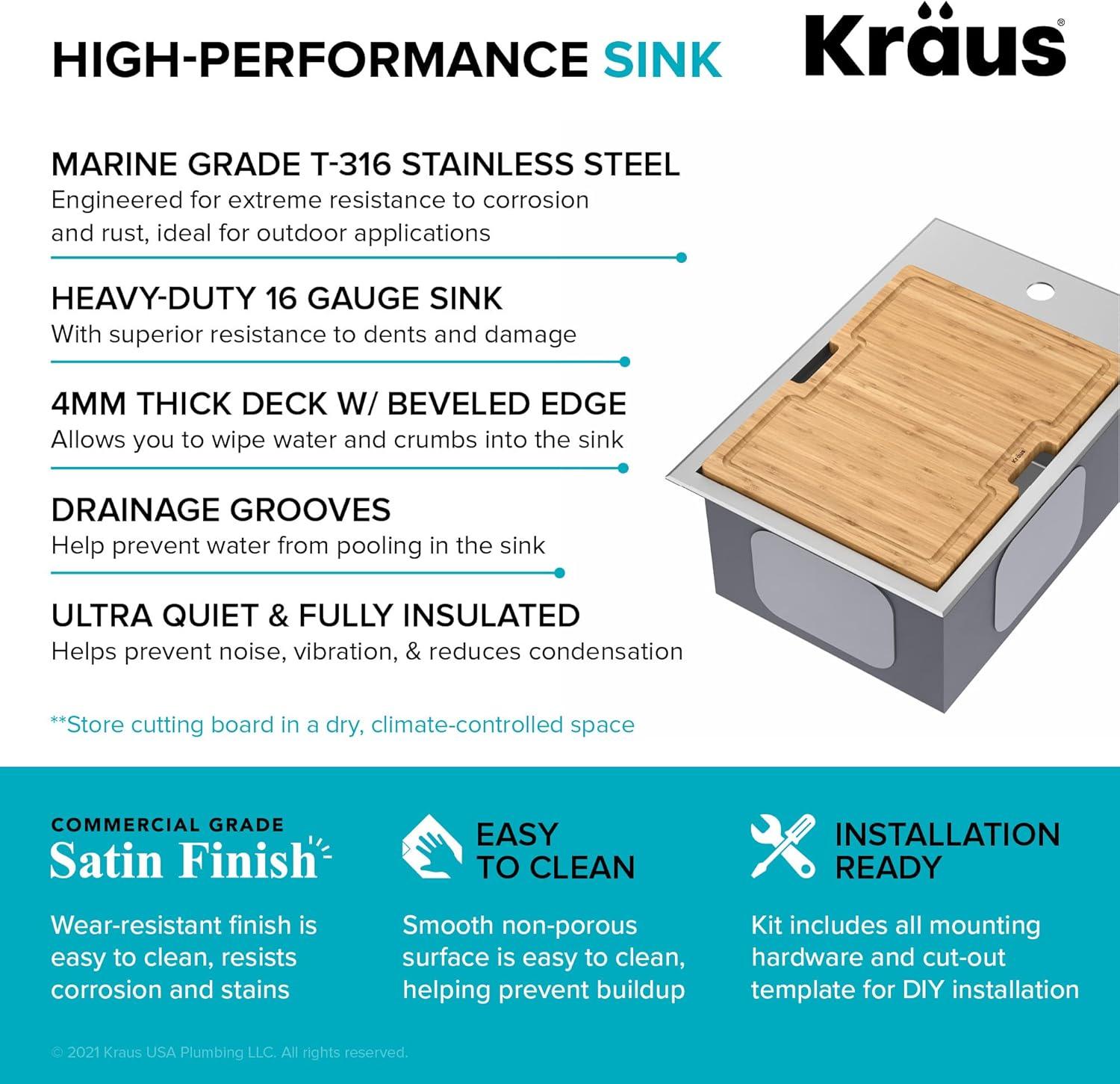 KRAUS Kore™ 15" L Outdoor Workstation Drop-In 16 Gauge Marine Grade T-316 Stainless Steel Single Bowl Kitchen Bar Sink