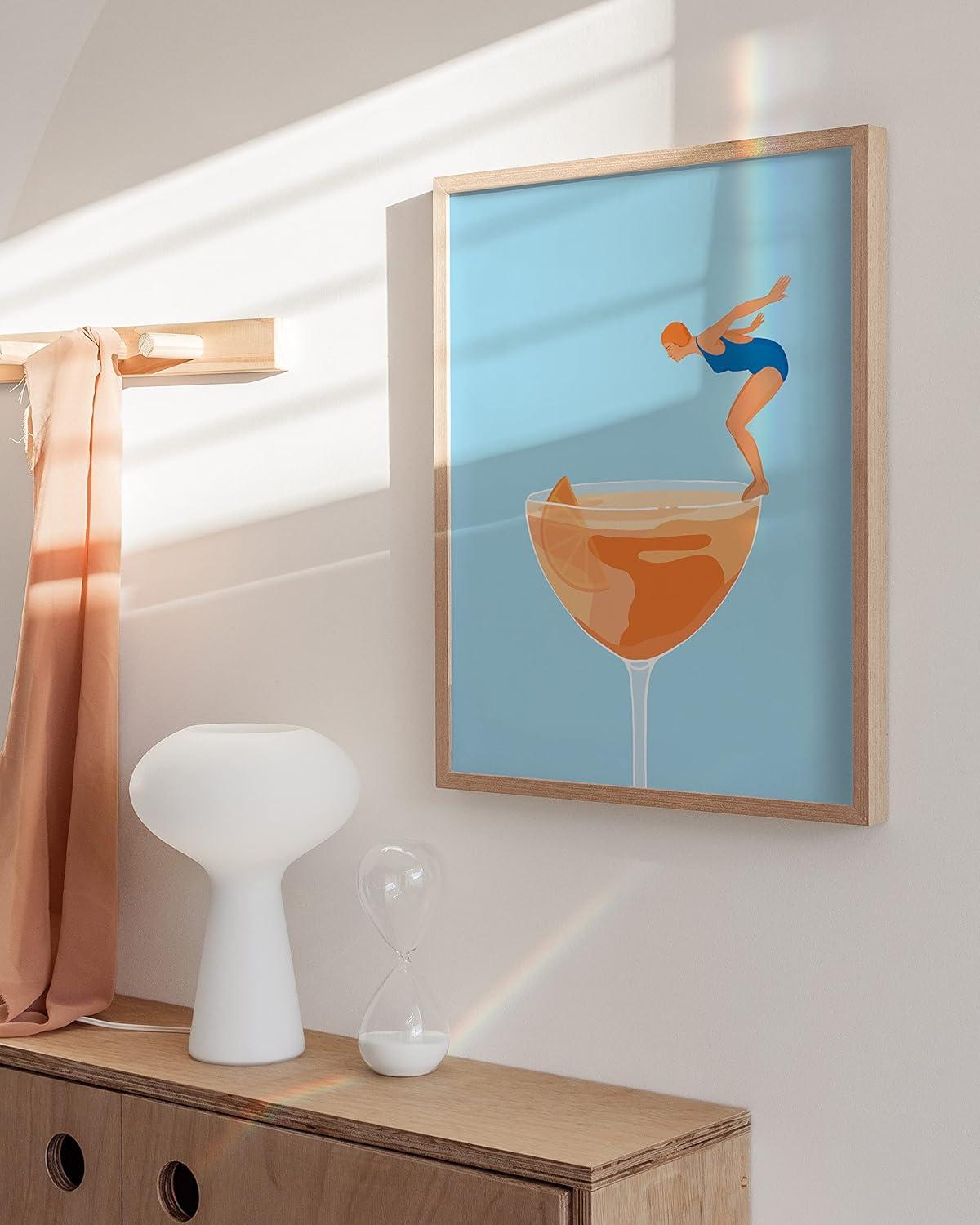 HAUS AND HUES Preppy Pictures Bar Art - Colorful Cocktail Prints, Bar Cart Accessories, Minimalist Blue and Orange Picture for Room Aesthetic, Bar Wall Decor, Vintage Aperol Spritz (12x16 Unframed)