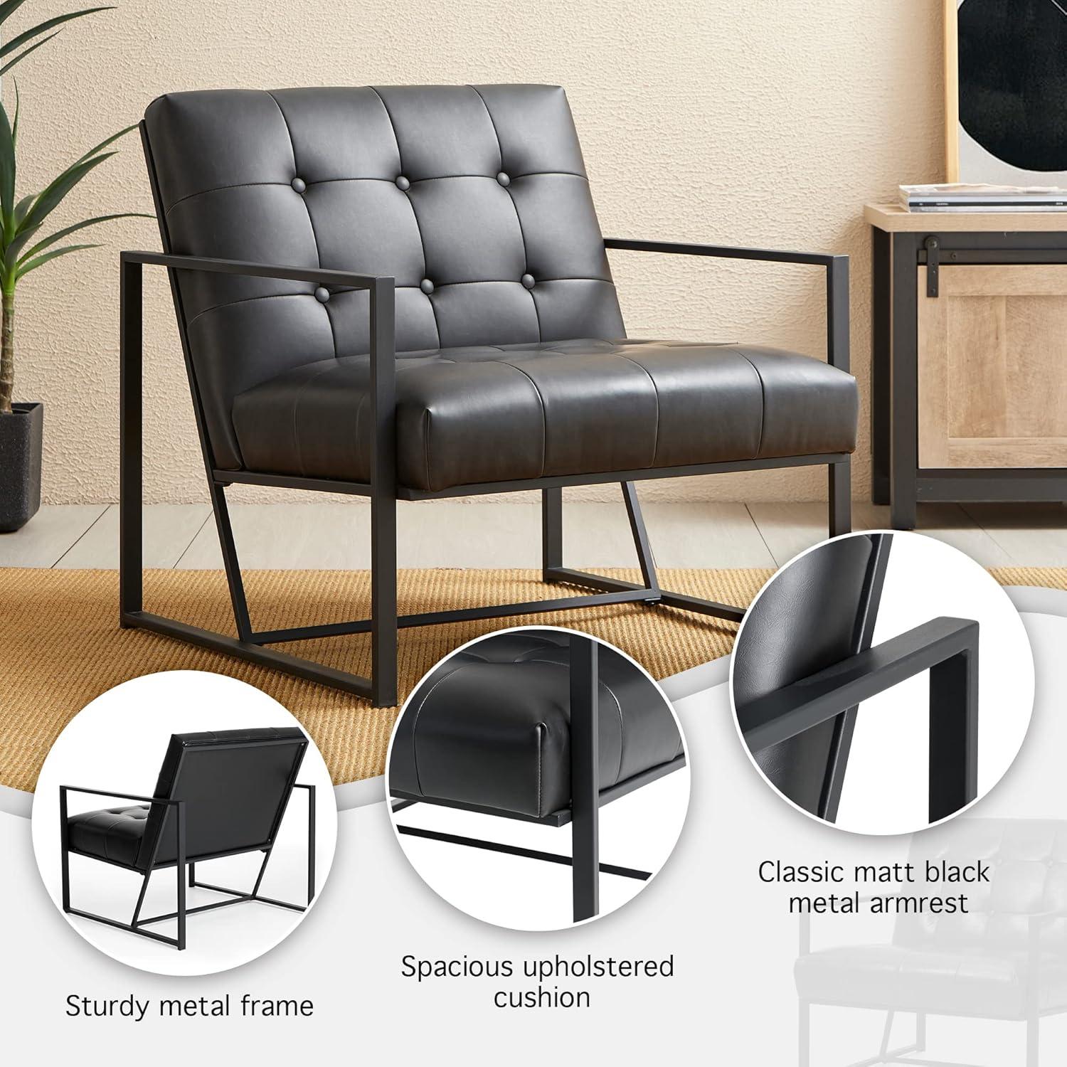 Glitzhome 31.50"H Accent Arm Chair PU Leather Button-tufted Ergonomic Chair with Black Metal Frame for Living Room Bedroom