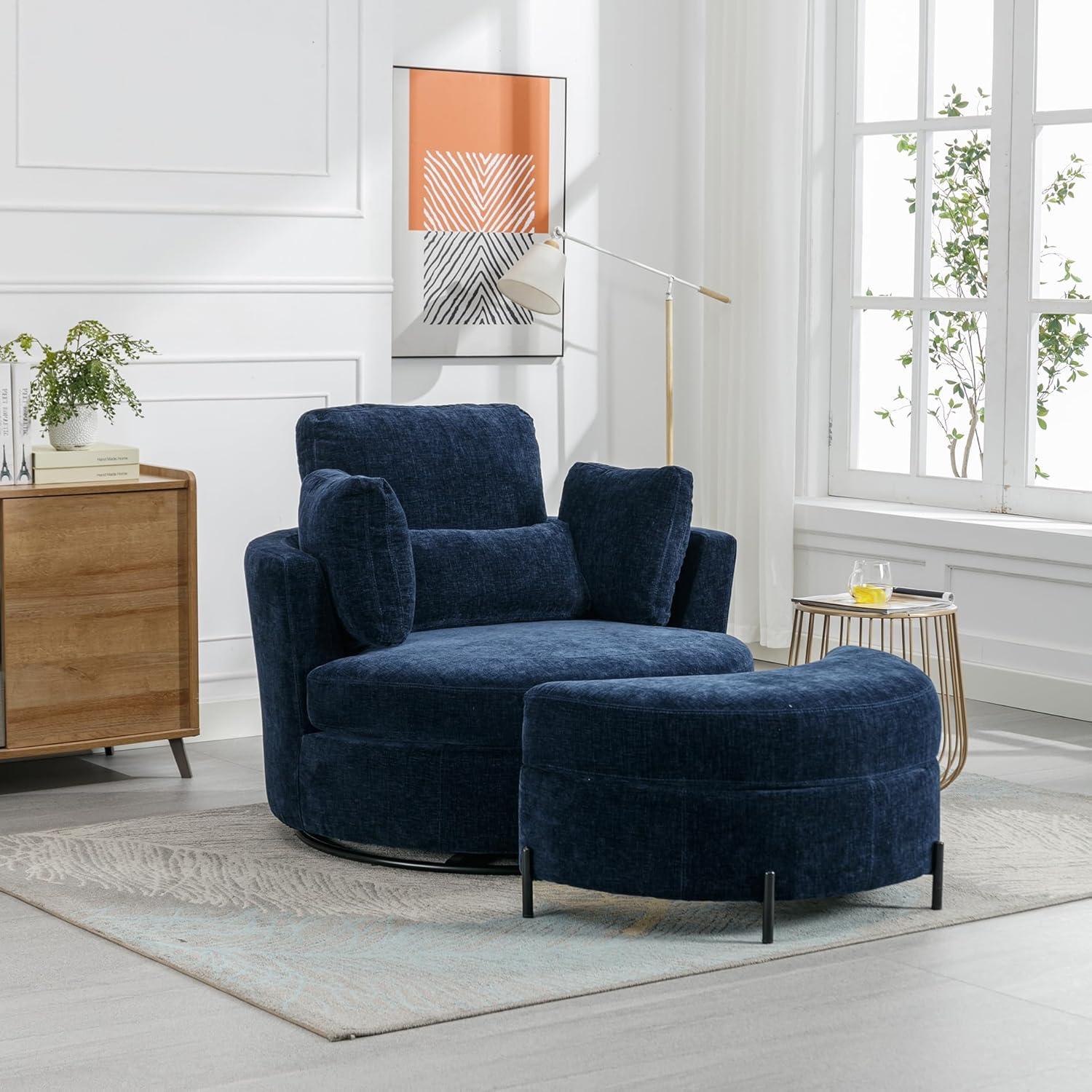 Navy Chenille Swivel Barrel Chair with Ottoman