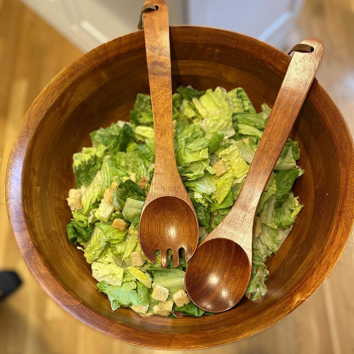 Extra Large Rubberwood Salad Bowl Set with Stand and Servers