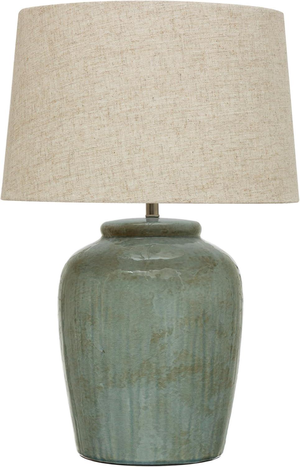 Creative Co-Op Coastal Aqua Blue Ceramic Stoneware Table Lamp with Natural Ivory Linen Shade, Reactive Glaze Finish