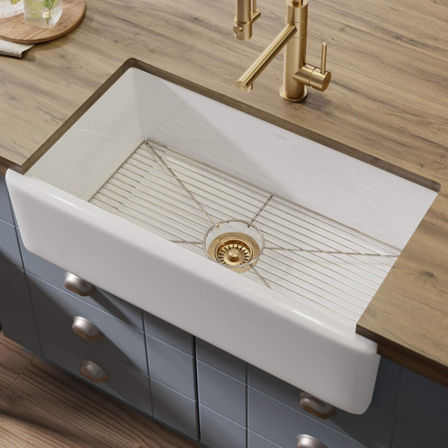 KRAUS Turino™ Reversible 33-inch L Fireclay Farmhouse Flat Apron Front Single Bowl Kitchen Sink with Bottom Grid