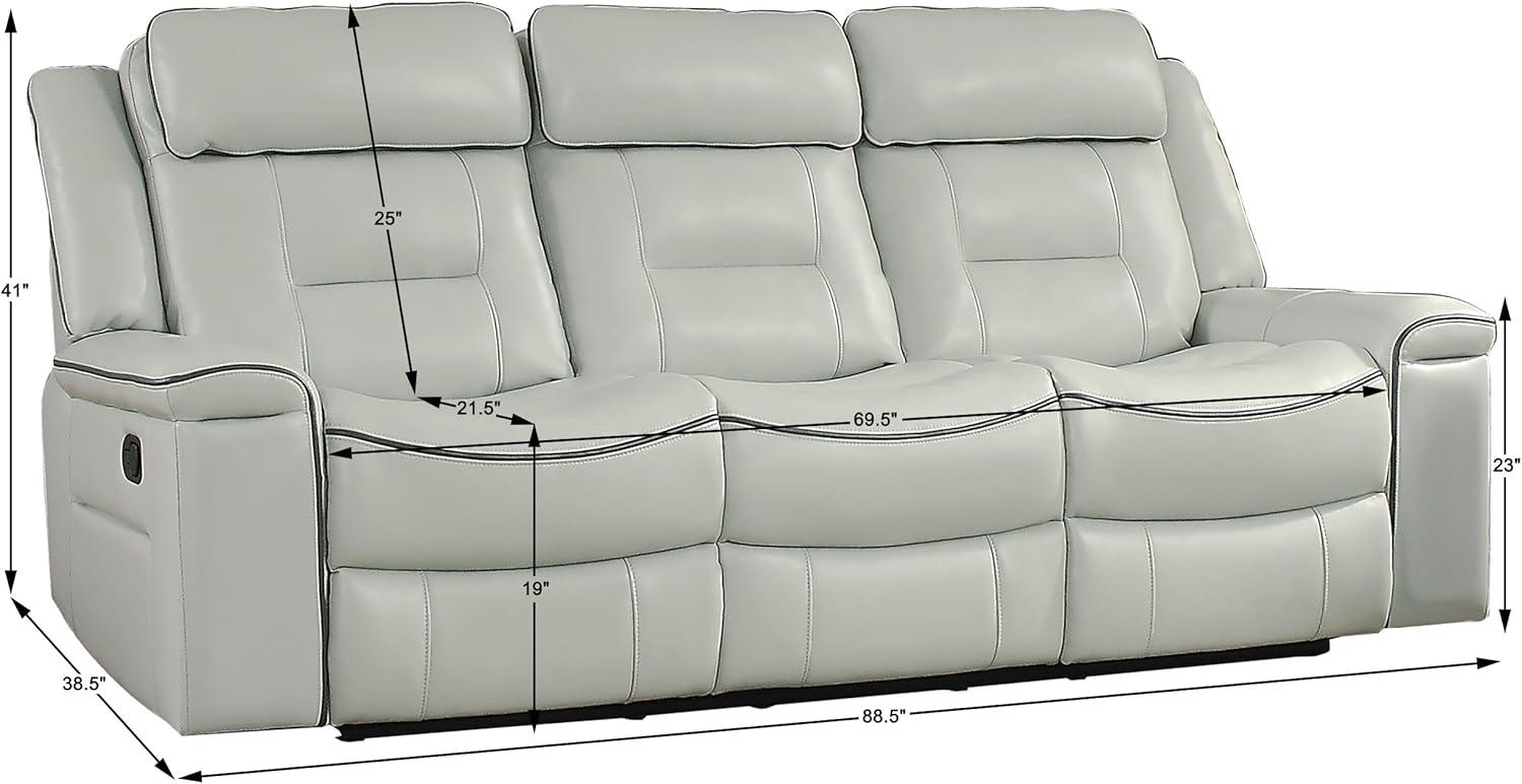 Modern Light Gray Faux Leather 88.5" Reclining Sofa with Wood Accents