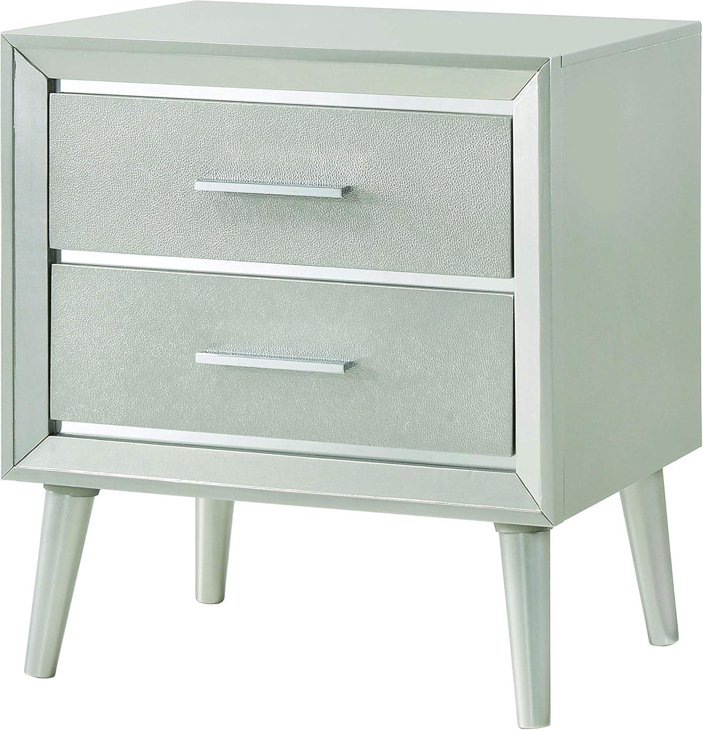 Elegant Transitional 2-Drawer Nightstand in Metallic Silver with Tapered Legs