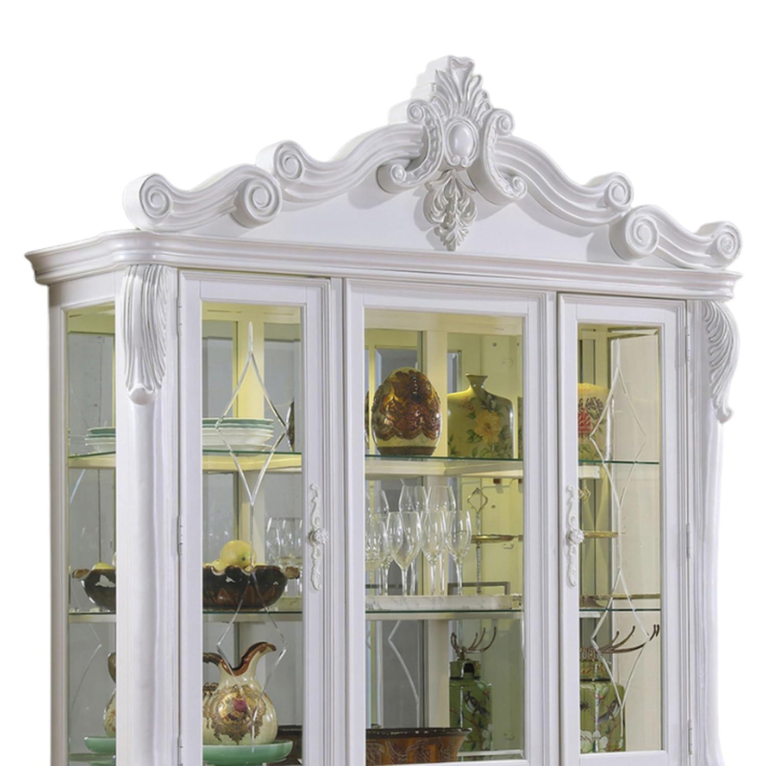 Benjara Zenie Buffet Cabinet and Hutch, Classic Carved Details, White Solid Wood