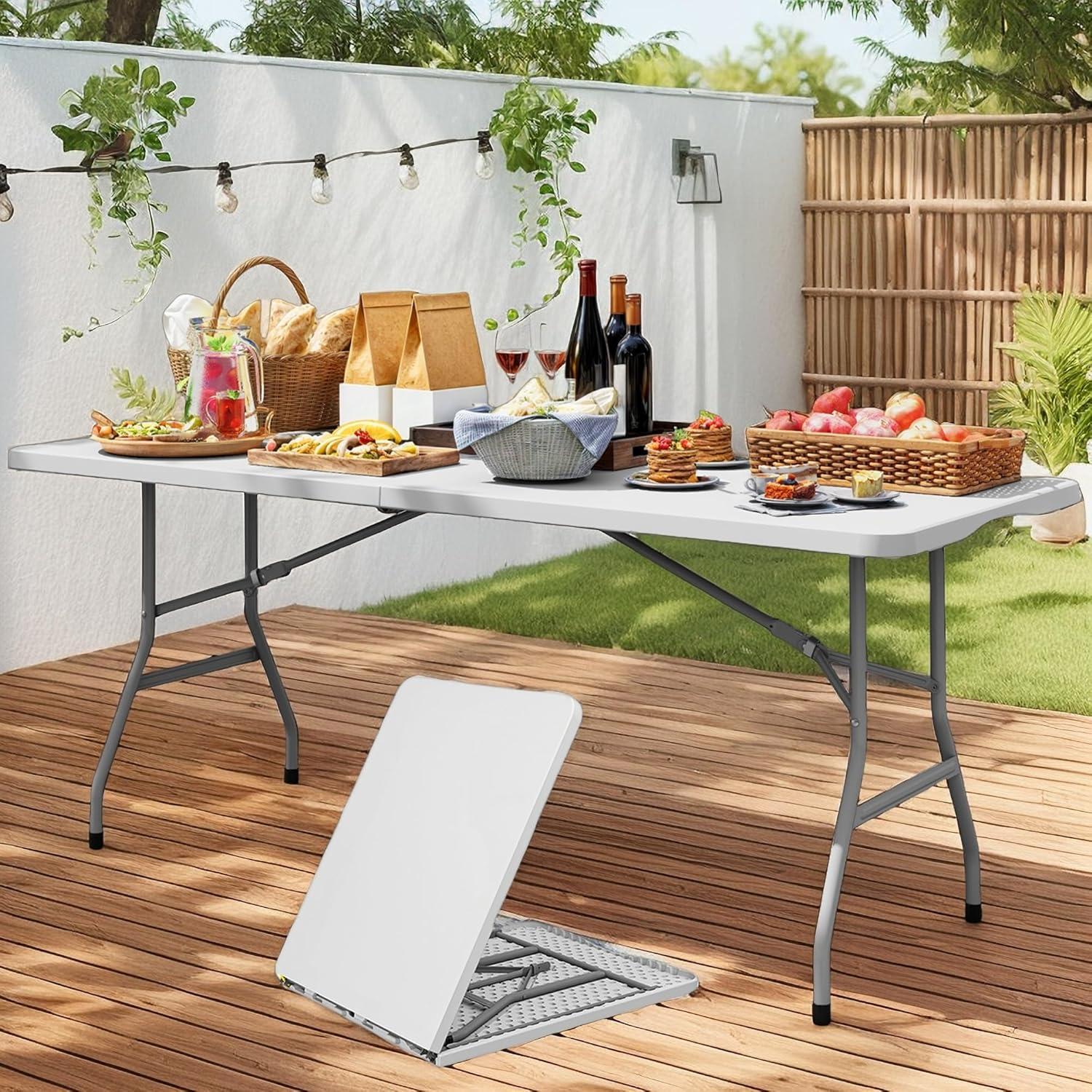 Folding Table 6 Foot,  Heavy-Duty, Portable Plastic Construction with Carrying Handle – Perfect for Picnics, Parties, and Office Indoor Outdoor Use, White