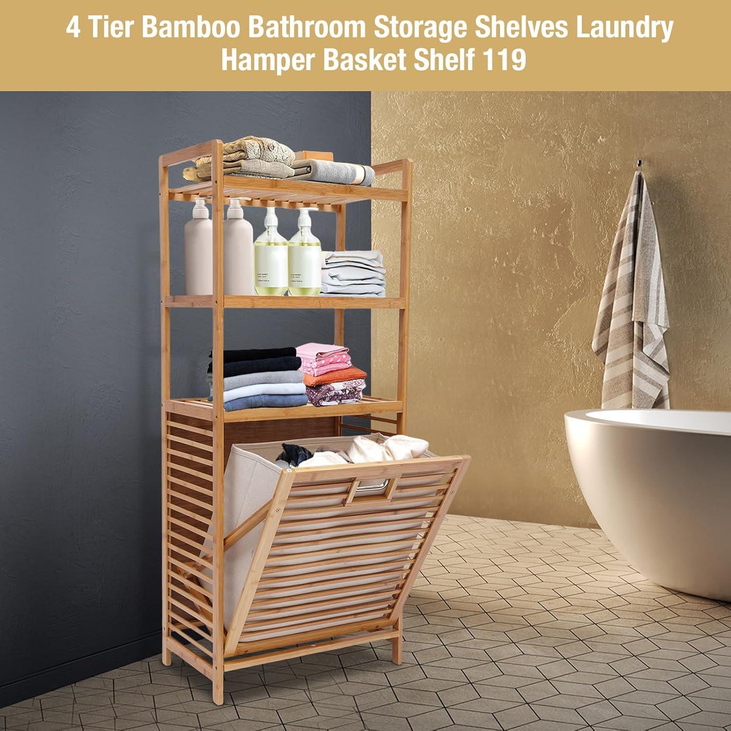 46.9" Bamboo Laundry Hamper with 3-Tier Storage Shelves