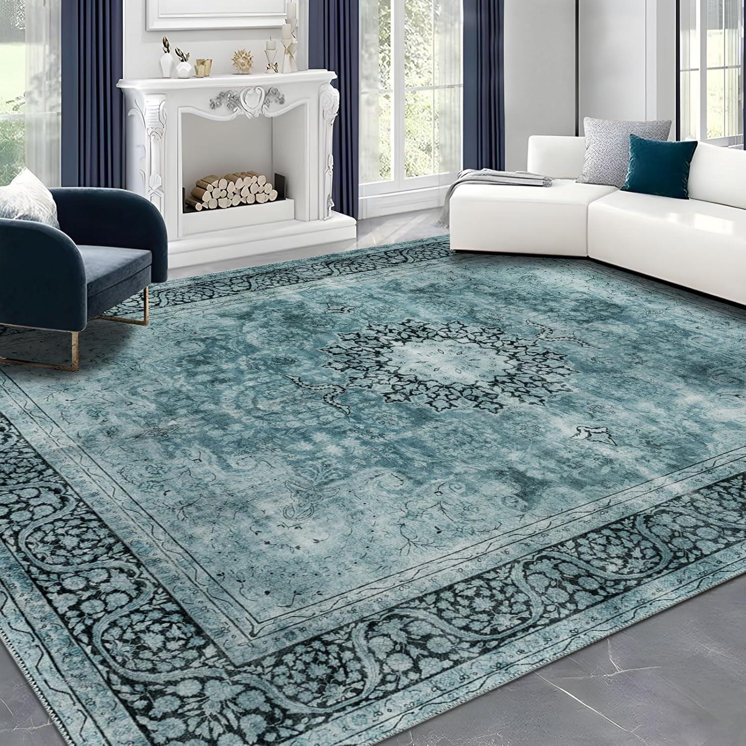 Blue Medallion Vintage Washable Synthetic 4' x 6' Area Rug