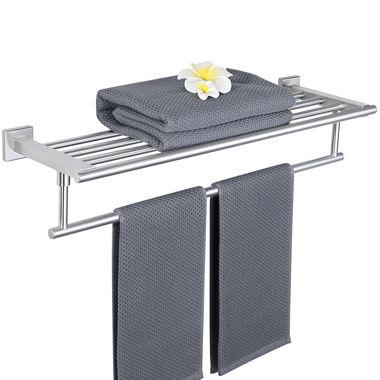 Bathroom Towel Rack，Stainless Steel Towel Shelf with Towel Bar 24-Inch Towel Holder for Bathroom Wall Mounted Towel Storage Organizer for Bathroom & Lavatory（Brushed Silver）