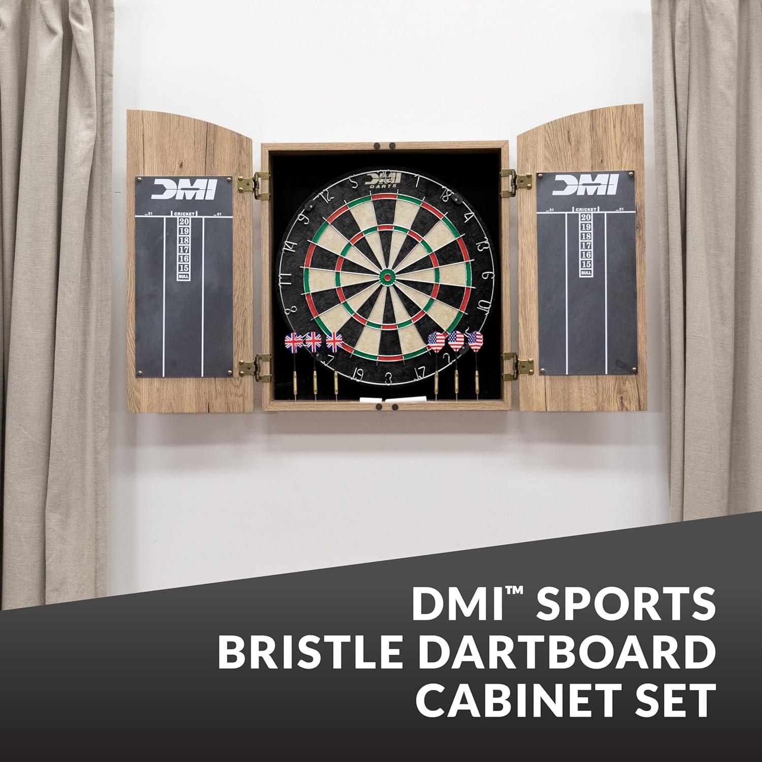 Rustic Tan Woodgrain Bristle Dartboard Cabinet Set with Steel Tip Darts