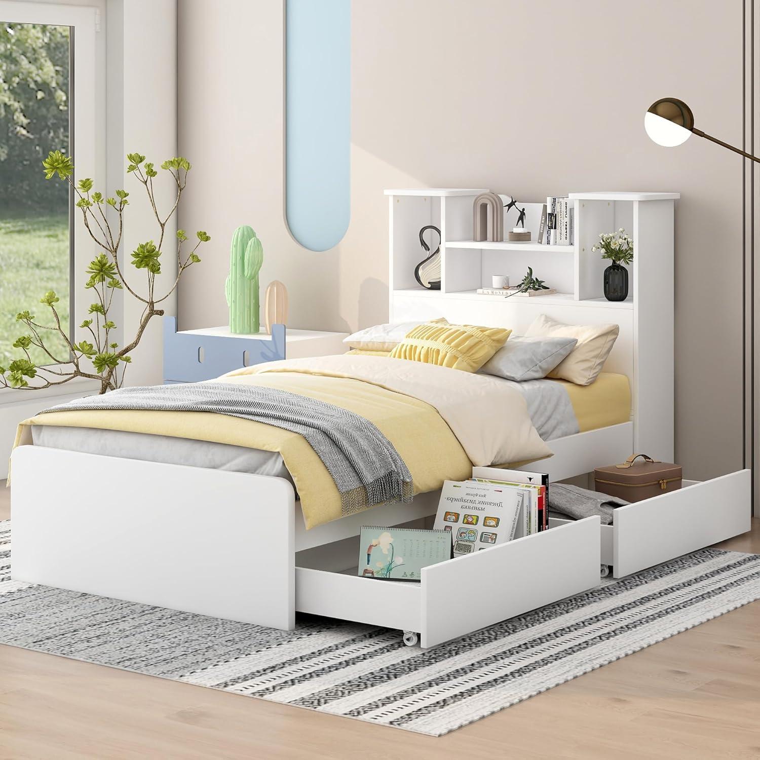 Harper & Bright Designs Twin Size Bed with Storage Headboard and Drawers, Solid Wood Twin Platform Bed Frame with 2 Drawers, 4 Shelves and LED Light, No Box Spring Needed - White