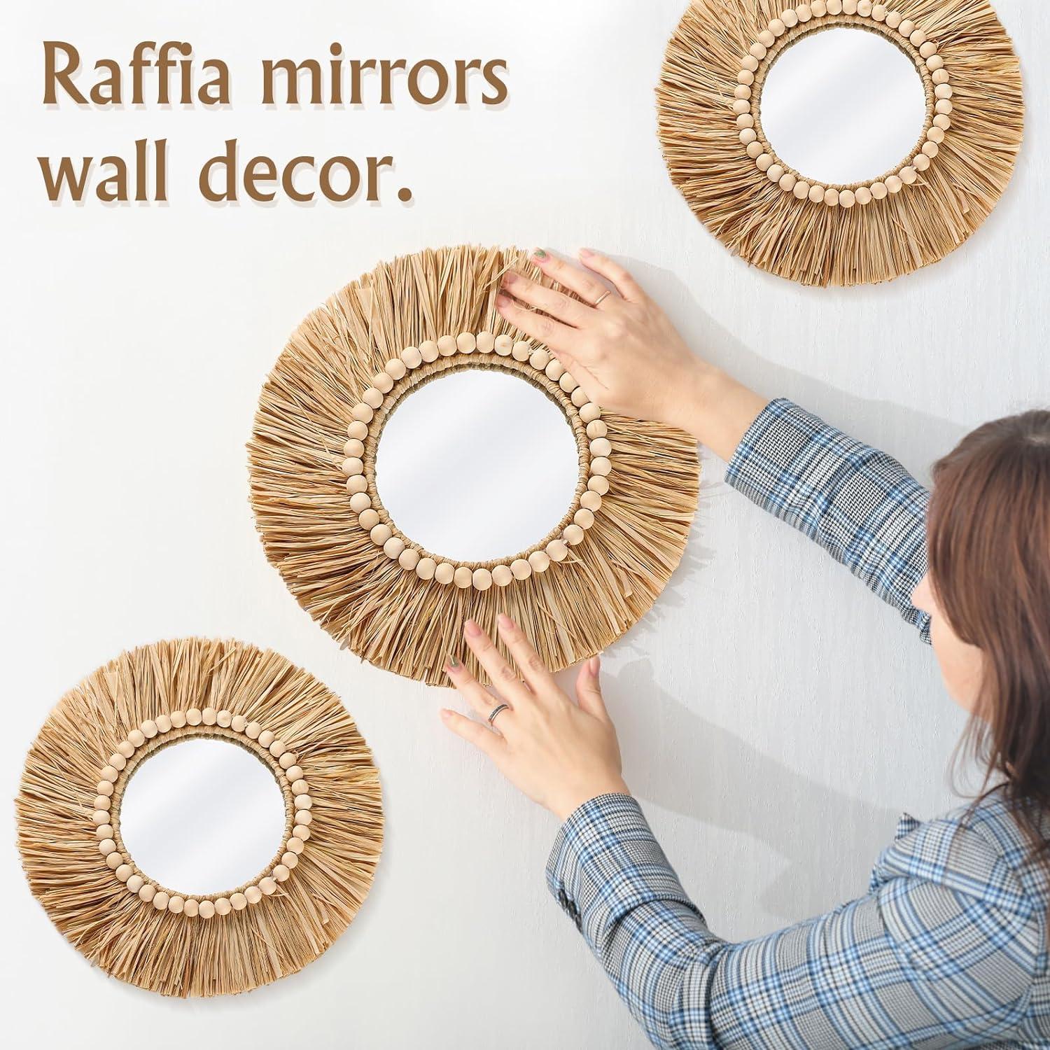 Natural Raffia and Bead Round Wall Mirrors Set