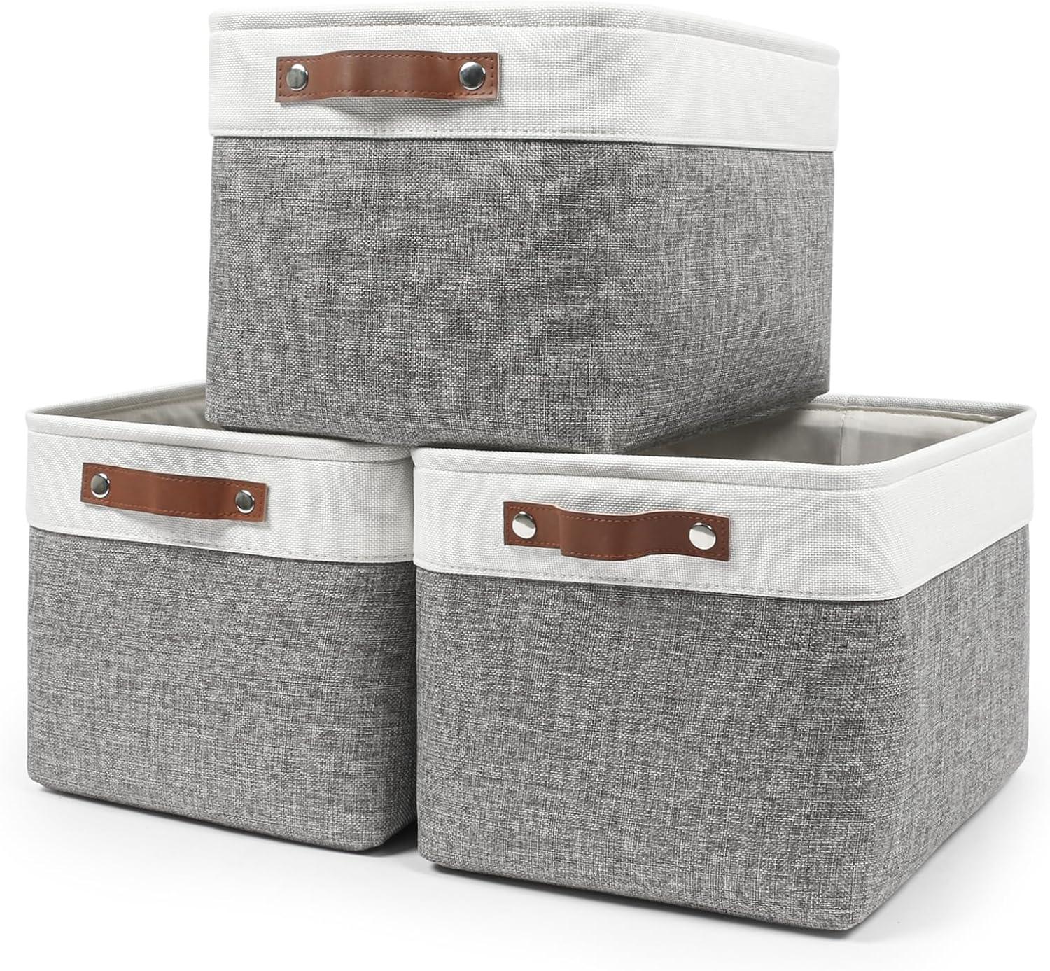 White and Gray Rectangular Fabric Storage Baskets with Faux Leather Handles, Set of 3