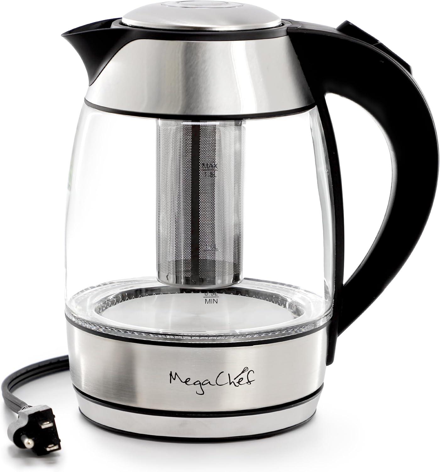 MegaChef 1.8L Glass Body and Stainless Steel Electric Tea Kettle with Tea Infuser Clear/Silver