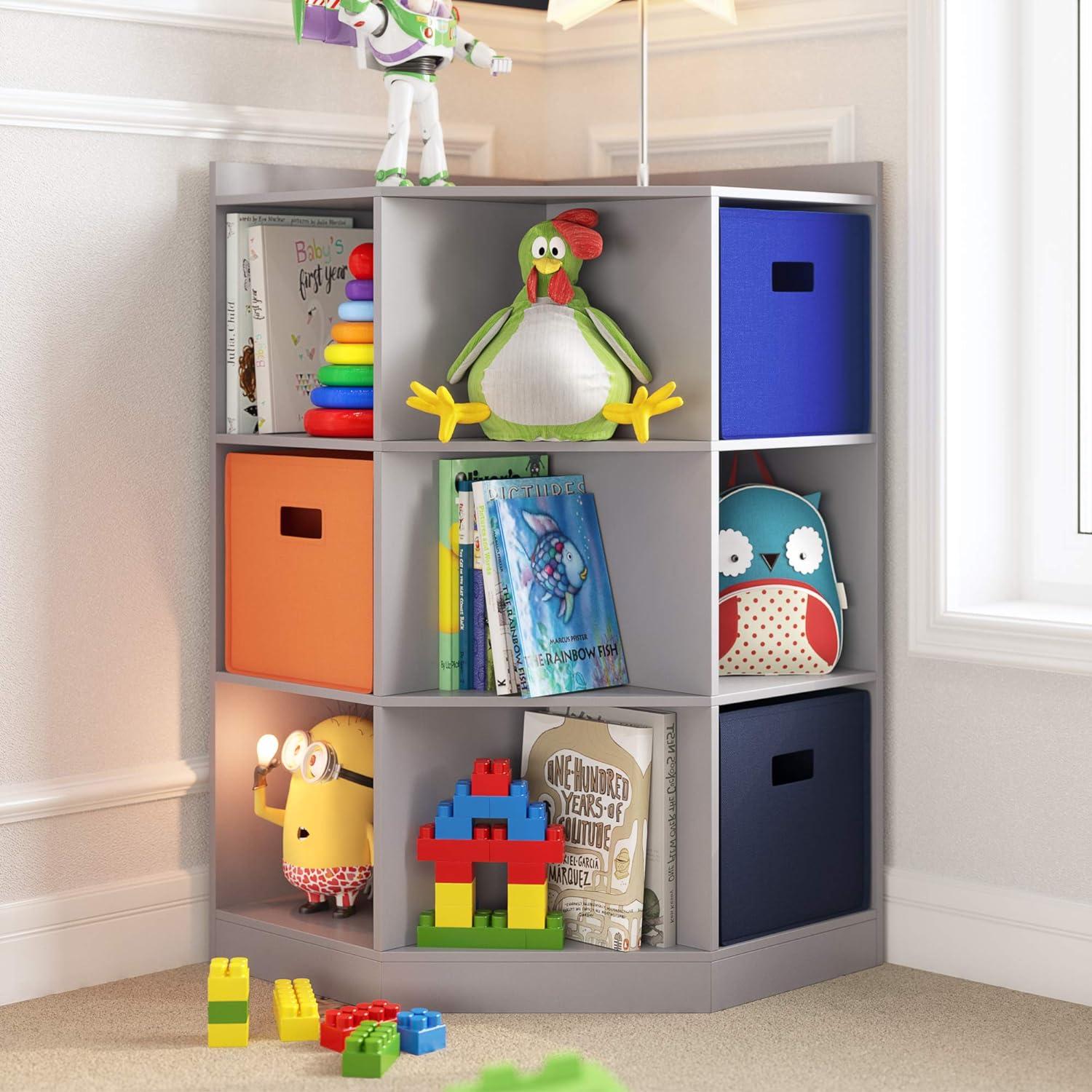 Gray Kids Corner Cabinet with 6 Cubbies and 3 Shelves