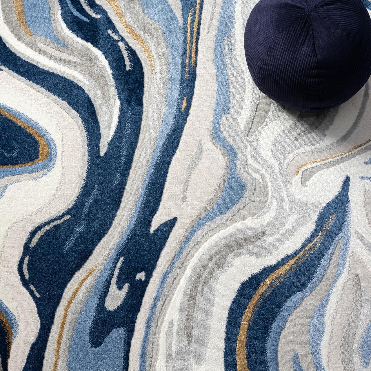Abani Regal Collection Area Rug - Blue/Grey Abstract Wavy Design - 8' x 10' - Easy to Clean - Durable for Kids and Pets - Non-Shedding - Medium Pile - Soft Feel - for Living Room, Bedroom & Office