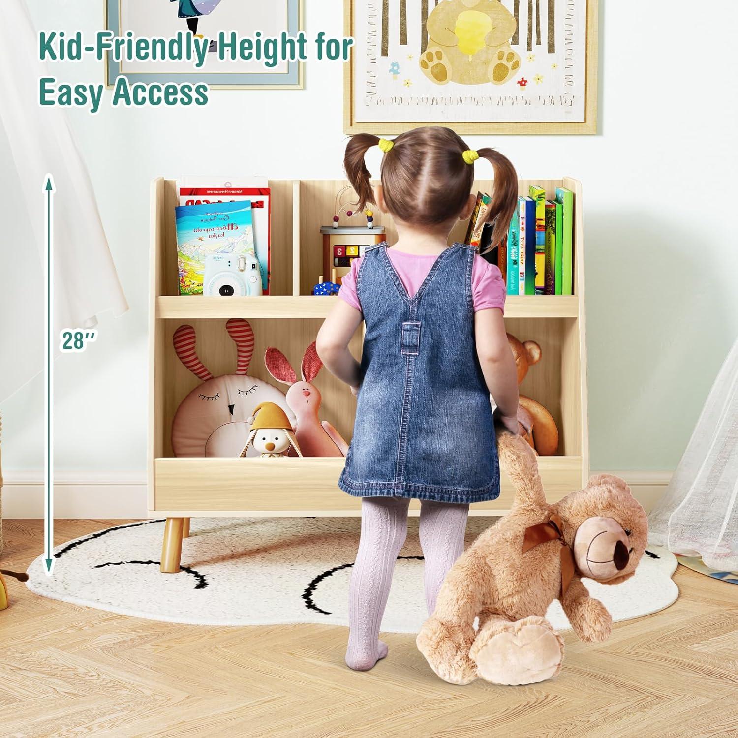 Costway 5-Cube Kids Bookshelf and Toy Organizer Wooden Storage Bookcase with Wood Legs Beige