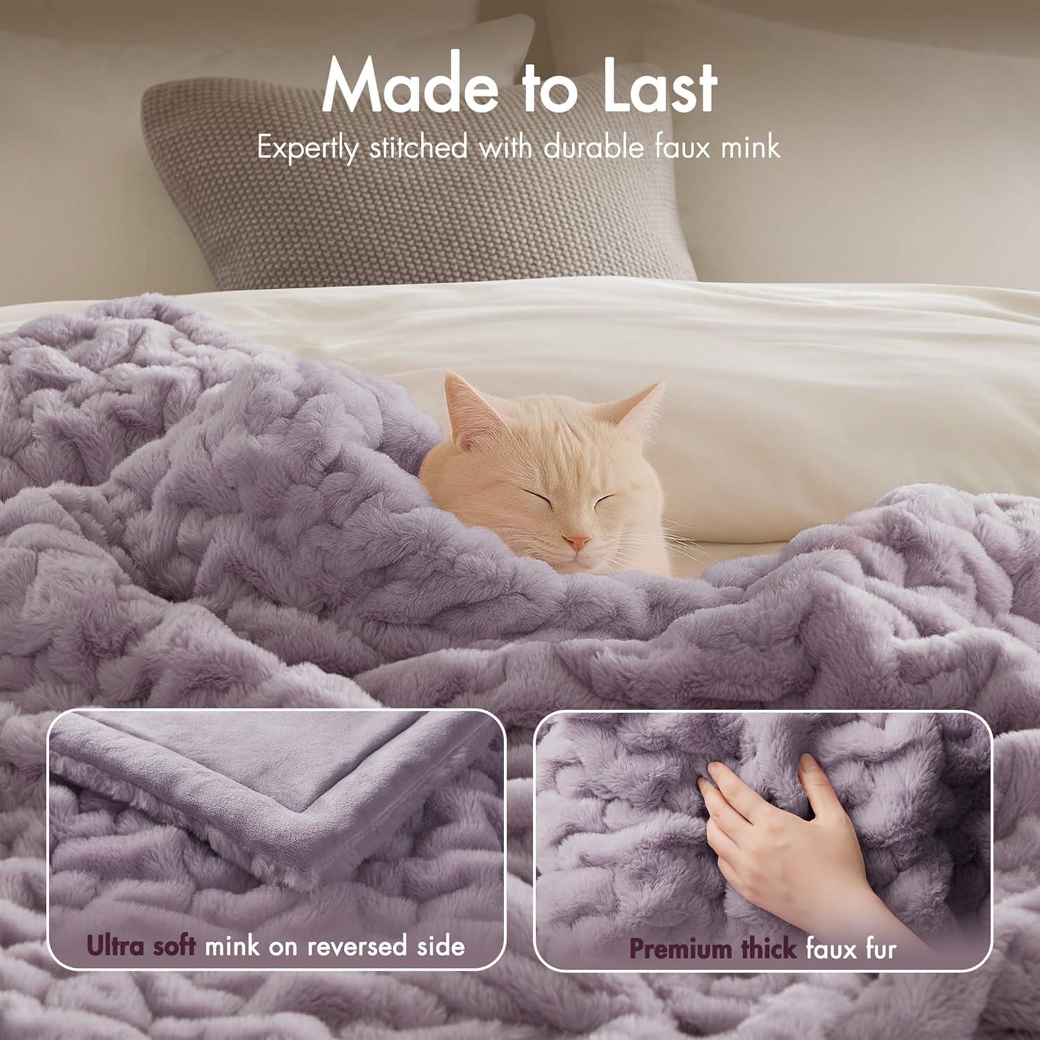 Madison Park Lavender Ruched Fur Throw 50x60"