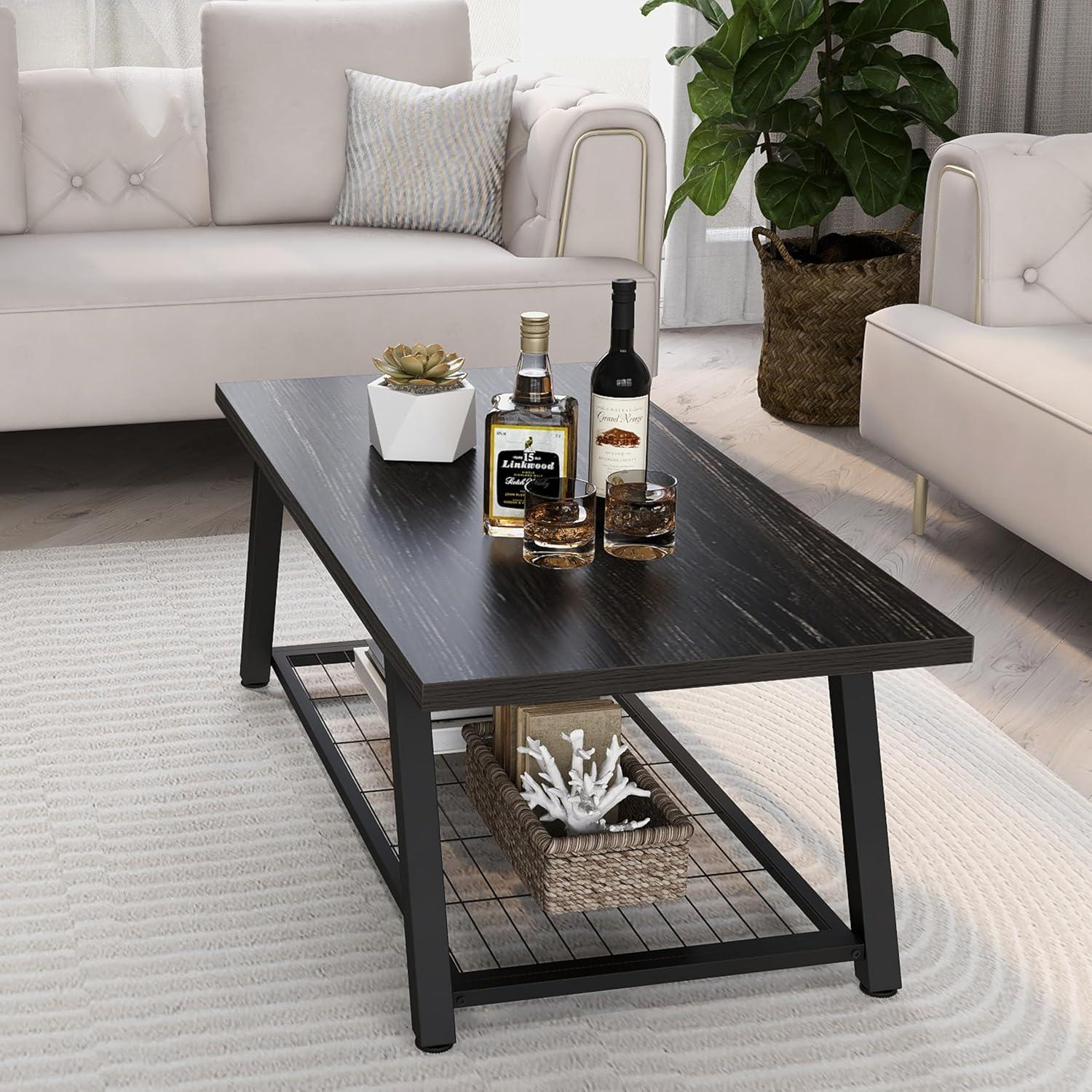 Charcoal Black 2-Tier Industrial Wood and Metal Coffee Table