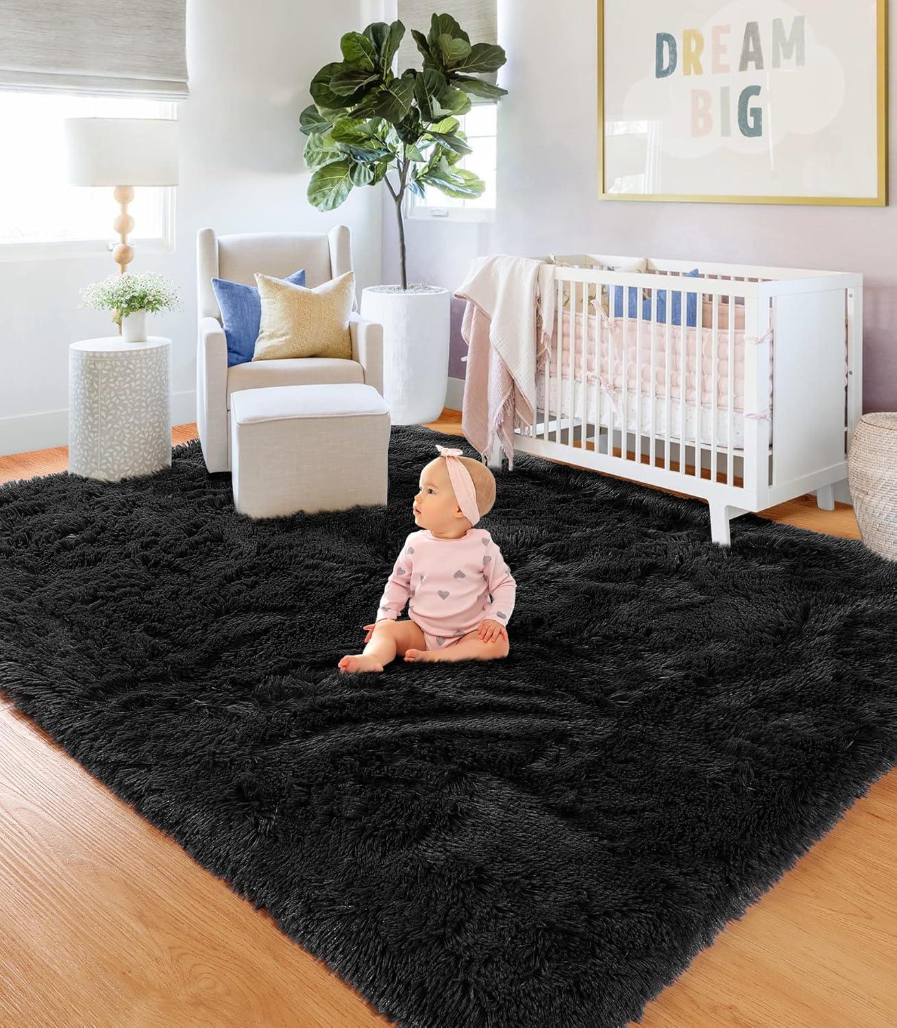 Bailu Fluffy Black Rug for Living Room,5x8 Area Rugs,Thick Plush Shag Rug,Shaggy Rugs for Bedroom,Big Fuzzy Carpet,Comfy Kids Rugs,Large Living Room Rugs,Living Room Decor