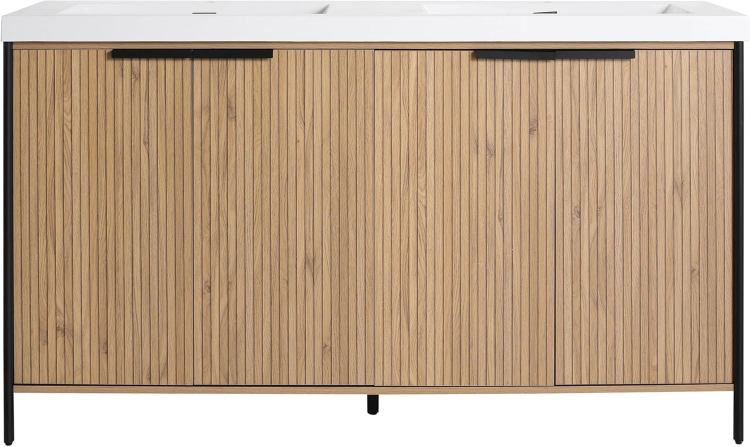SSLine 60" Bathroom Vanity with Double Sink Mid-Century Modern Bathroom Sink Cabinet Freestanding Bathroom Vanities with Double White Top Basin and Adjustable Storage Shelves, Natural Brown Stripe