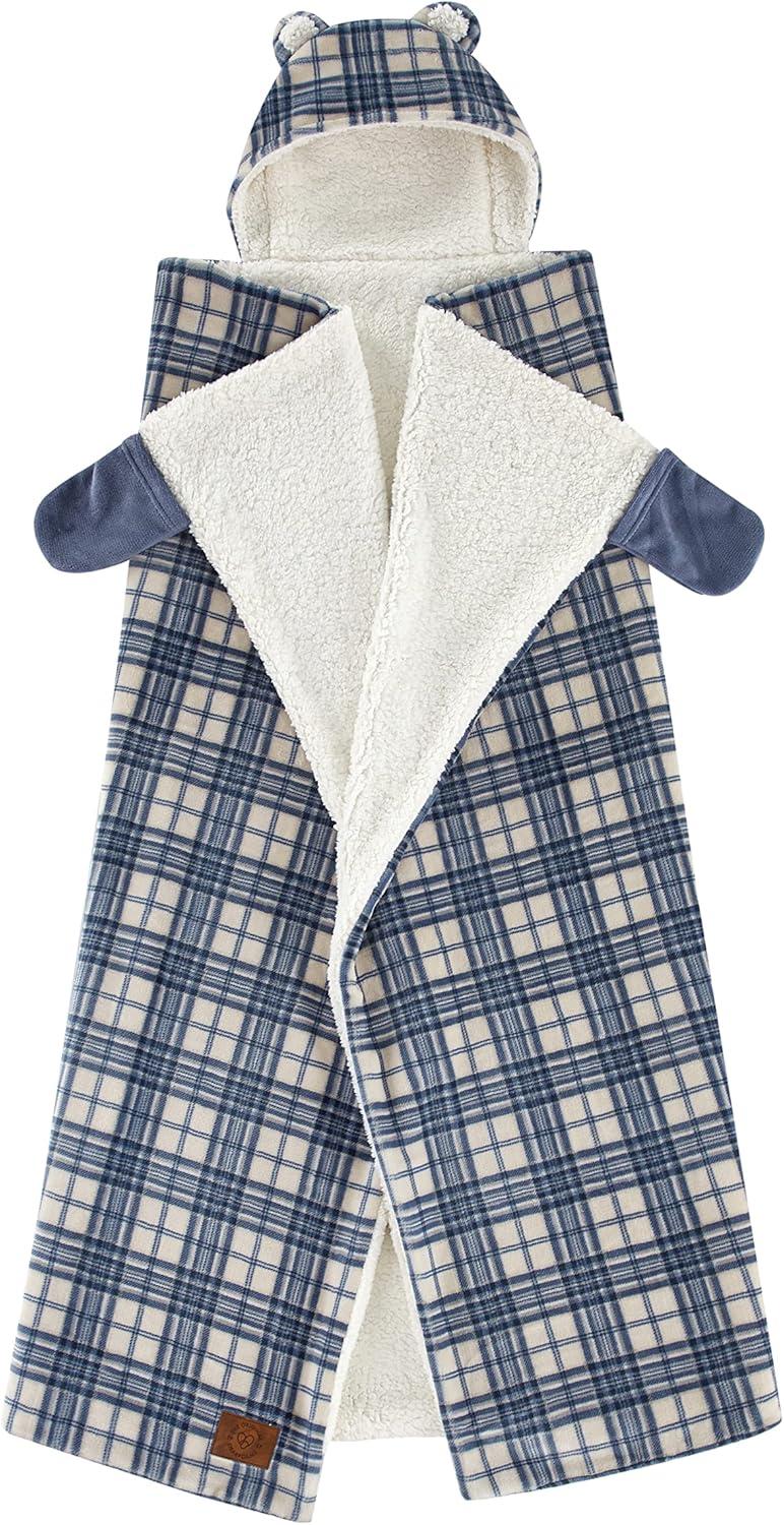 Black and White Plaid Sherpa Hooded Reversible Throw Blanket