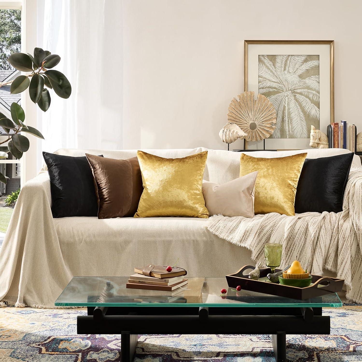 GIGIZAZA Gold Velvet Decorative 20x20 Throw Pillow Covers for Sofa Bed 2 Pack Soft Cushion Cover