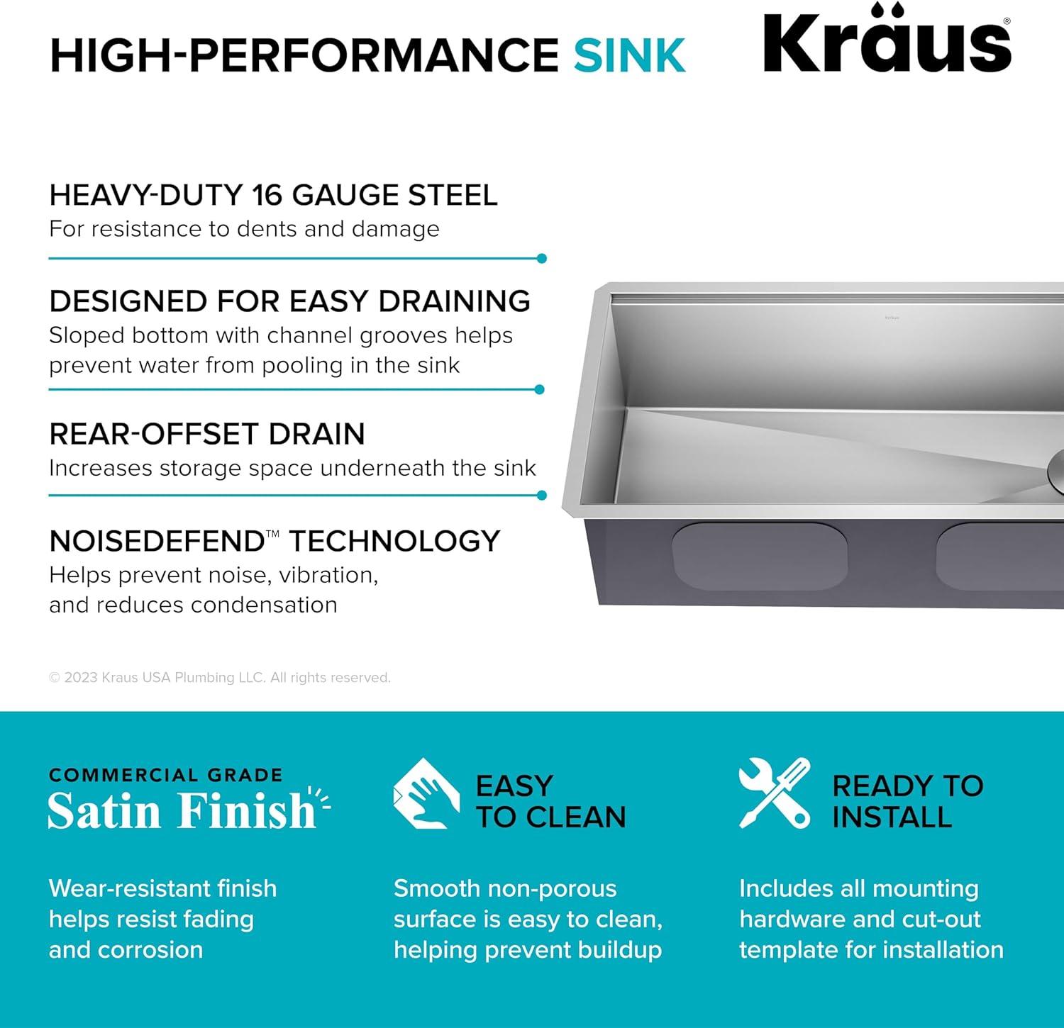 KRAUS Kore™ 36" L Undermount Workstation 16 Gauge Stainless Steel Single Bowl Kitchen Sink with Accessories