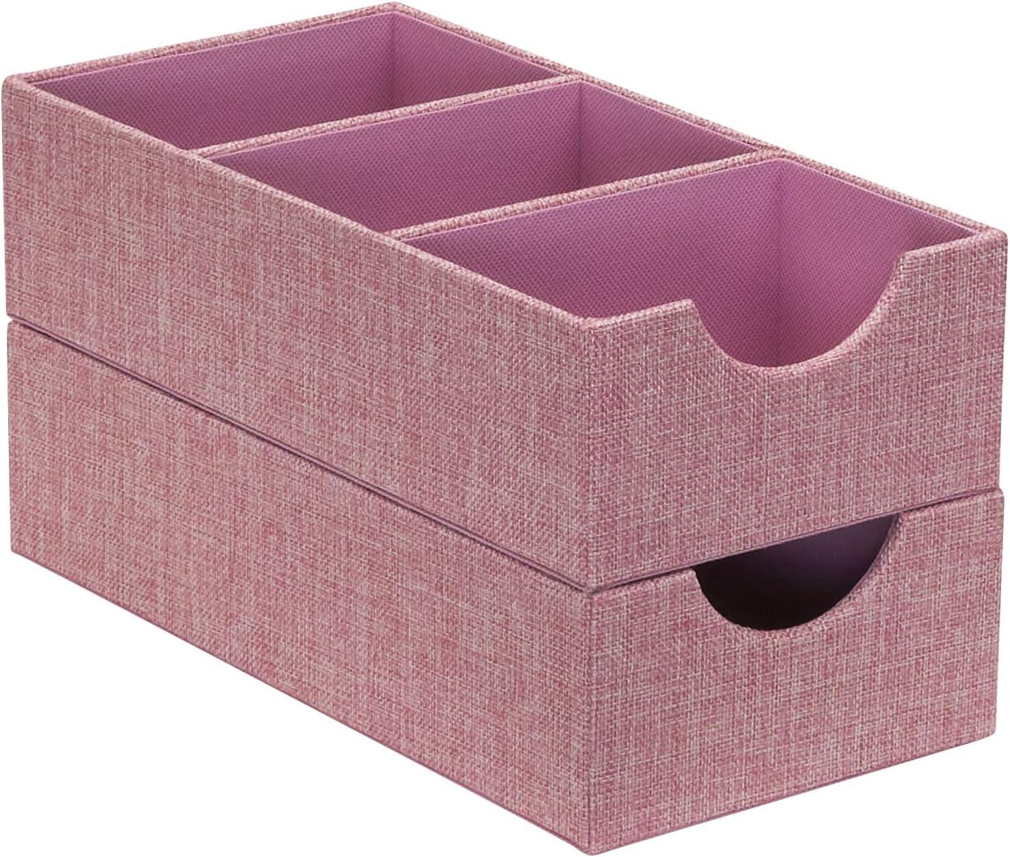 Household Essentials 3-Compartment Drawer Organizers, Pack of 2, Sturdy Chipboard Base with Soft Polyester Linen Covering, Fashionable Organization Solution, 3” H x 6” W x 12” D, Carnation