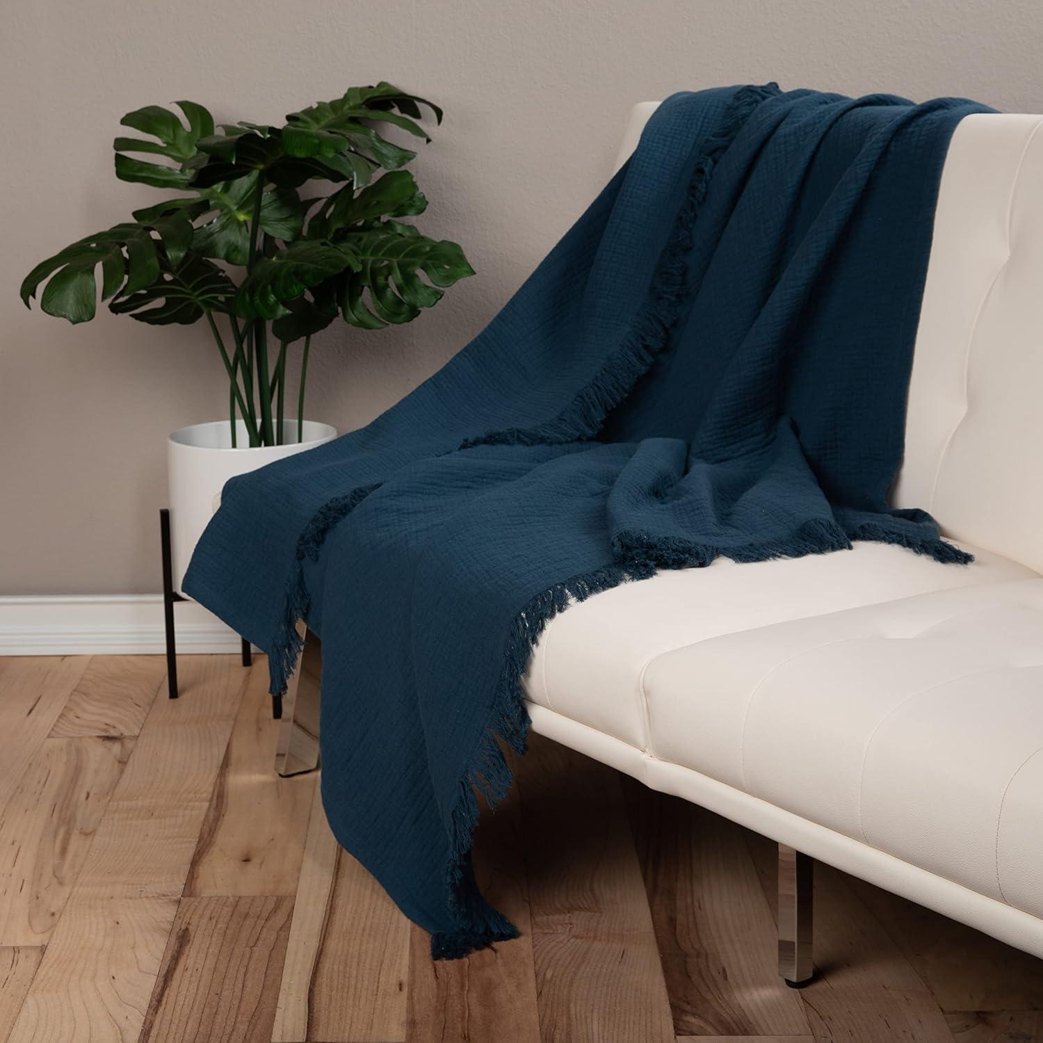 Sticky Toffee Muslin Throw Blanket for Adults, 100% Cotton, 60x50 in, Soft Lightweight and Breathable Throw for Couch, Blue