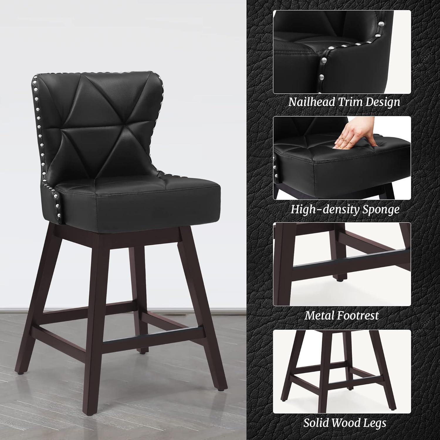 26" Black Faux Leather Swivel Bar Stools with Wood Frame, Set of 2