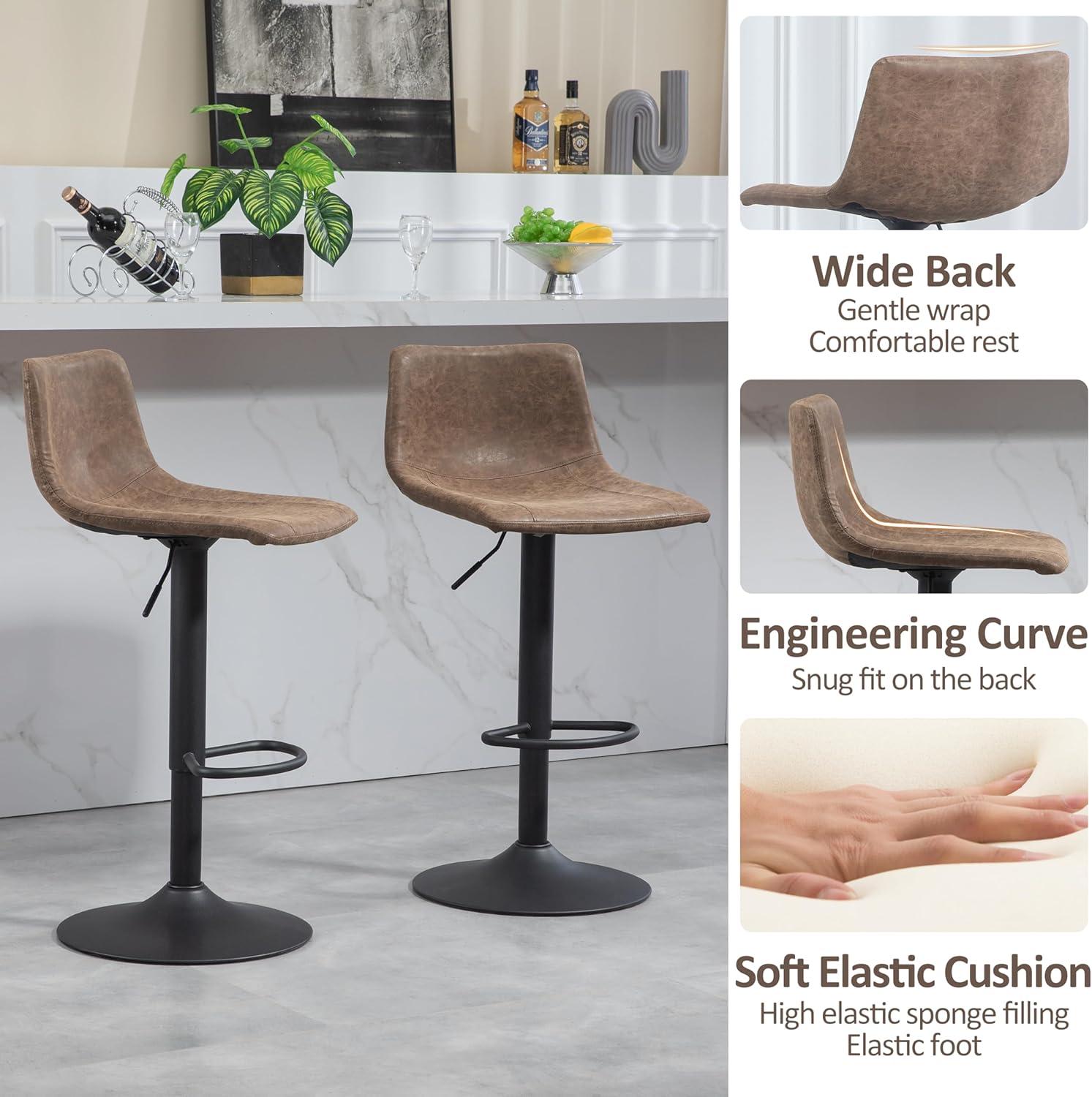 Adjustable Brown Leather Swivel Bar Stools with Footrest