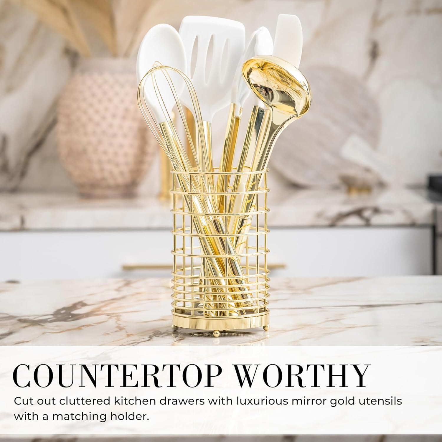 Styled Settings White  & Gold Silicone Cooking Utensils Set with Holder