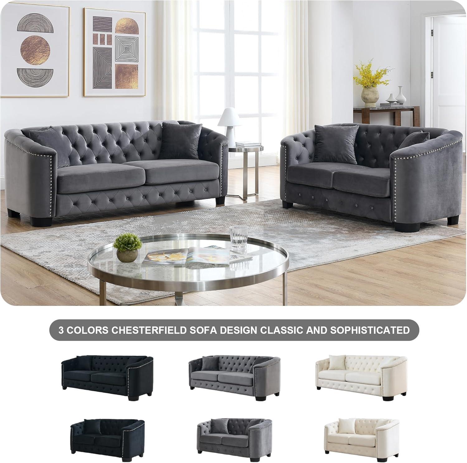 House of Hampton® House of Hampton® 2 Piece Chesterfield Sofa Set, Upholstered 77" Velvet 3 Seater Sofa + 59" Velvet Loveseat
