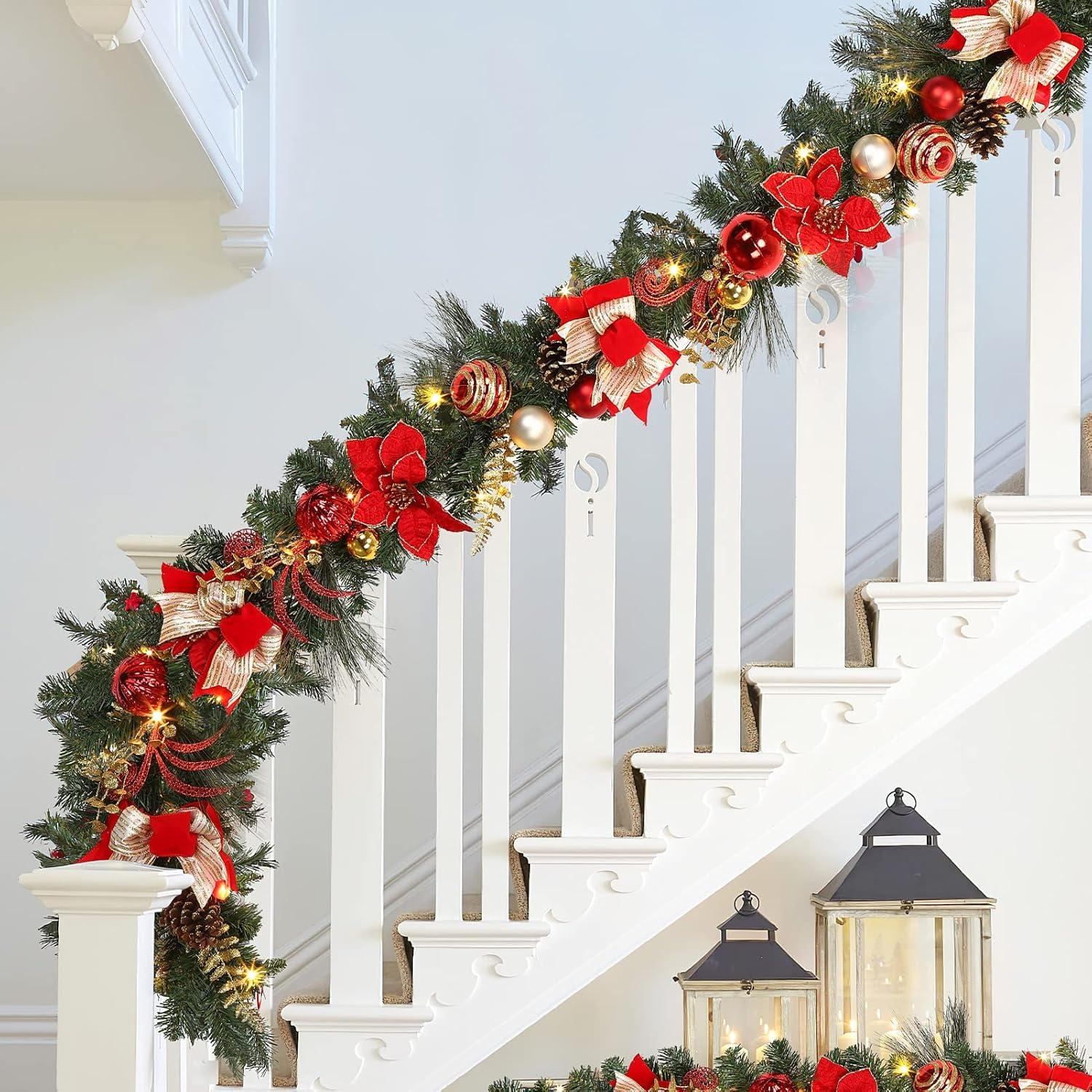 LaxMax Christmas Lighted Garland, Red and Gold Theme 6FT 20LED Pre-Lit Christmas Garland with Ball Ornaments, Flowers, Ribbons, Pine Cones and Berries for Door Stairs Mantle Christmas Decoration O1