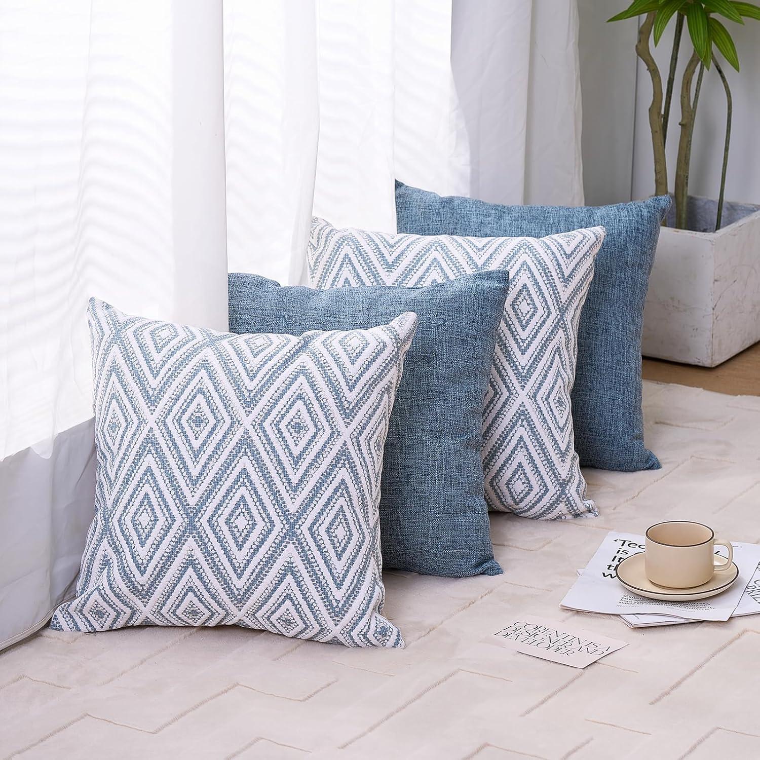 Blue and White Geometric Pattern Cotton Polyester Euro Pillow Covers