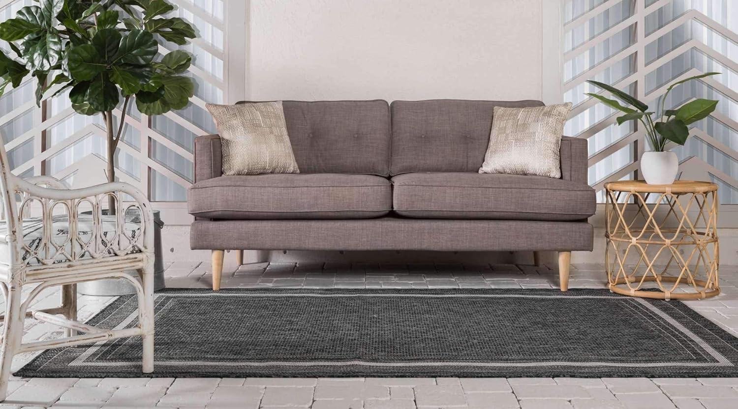 4' x 6' James Modern Border Stripe Indoor/Outdoor Area Rug, Black/Cream - JONATHAN Y
