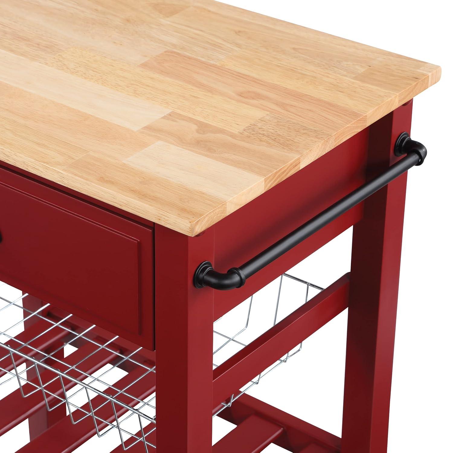 Hampton Engineered Wood Kitchen Cart With Wood Top and Red Base