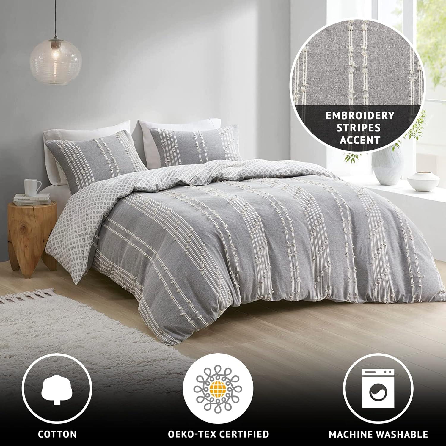 Ink+Ivy 3pc King/California King Kara Cotton Jacquard Duvet Cover Set Gray: OEKO-TEX Certified, Farmhouse Style